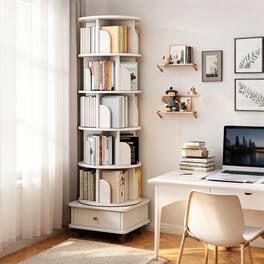 HTUTWOO - 6-Tier 360° Rotating Bookshelf with Wheels & Drawer, Space Saving Spinning Tower for Bedroom Living Room Home Office - White