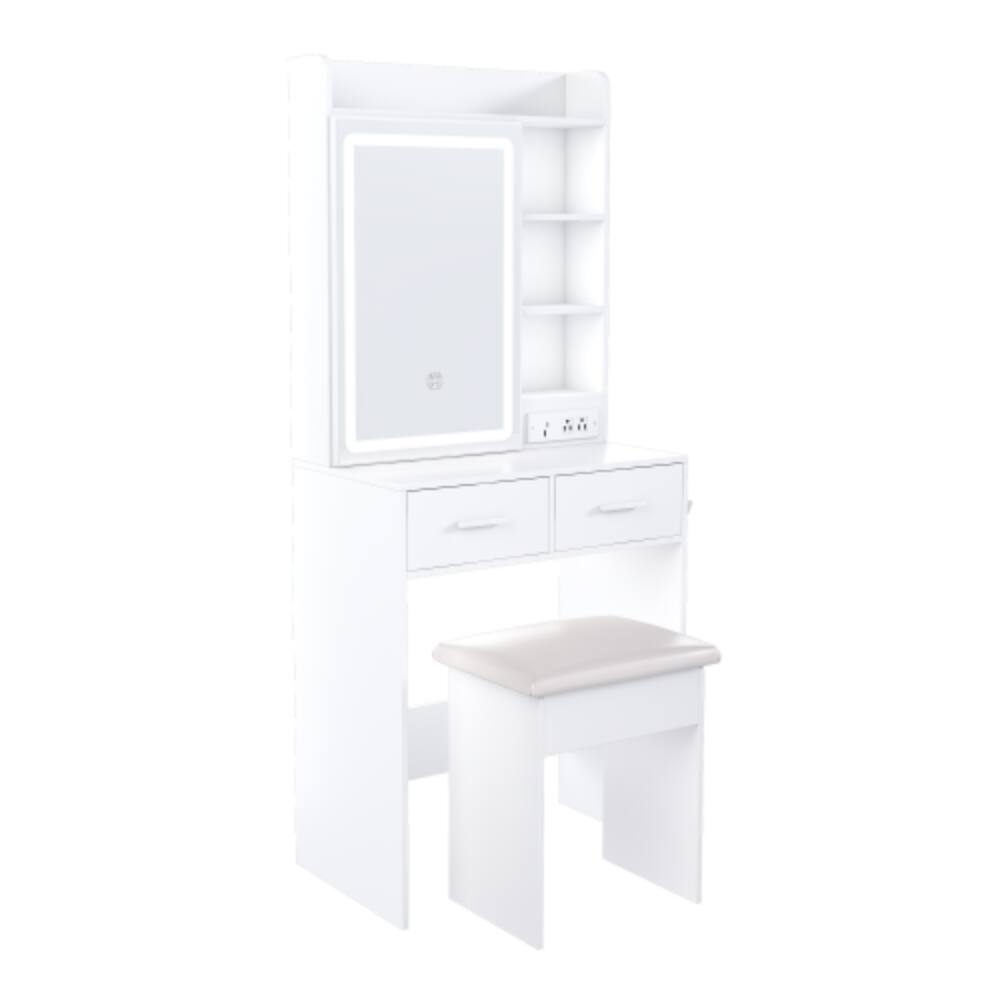 Alt View 6. LUCKY ONE - 31.5in Freestanding Vanity Desk with Mirror LED Lights Power Outlet Hidden Storage Stool Shelf - White.