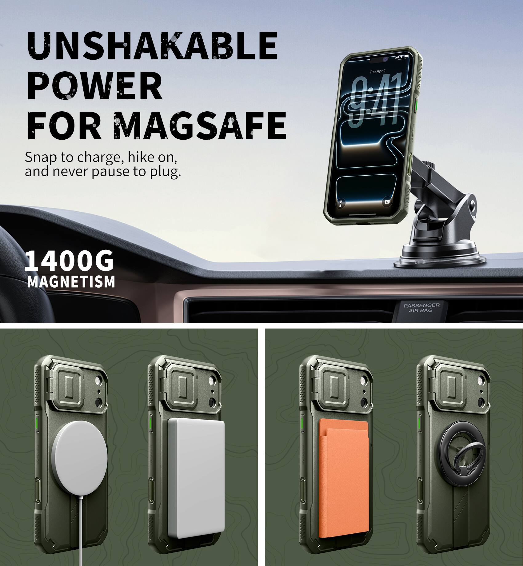 UNSHAKABLE POWER FOR MAGSAFE

Snap to charge, hike on, and never pause to plug.

1400G MAGNETISM

PASSENGER AIR BAG