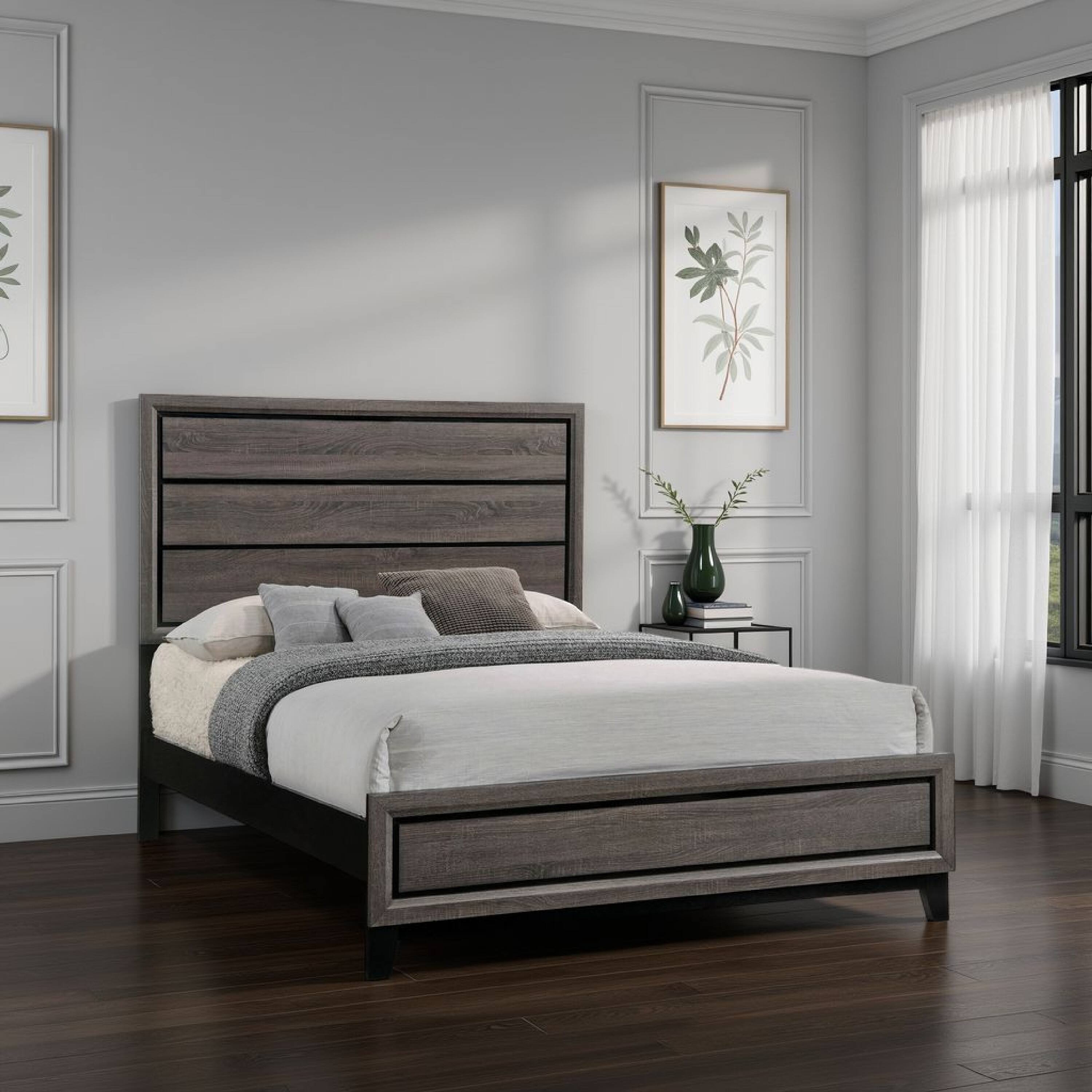 Alt View 5. Manhattan Lane - Mela California King Size Panel Bed, Grooved Design - Gray, Black.