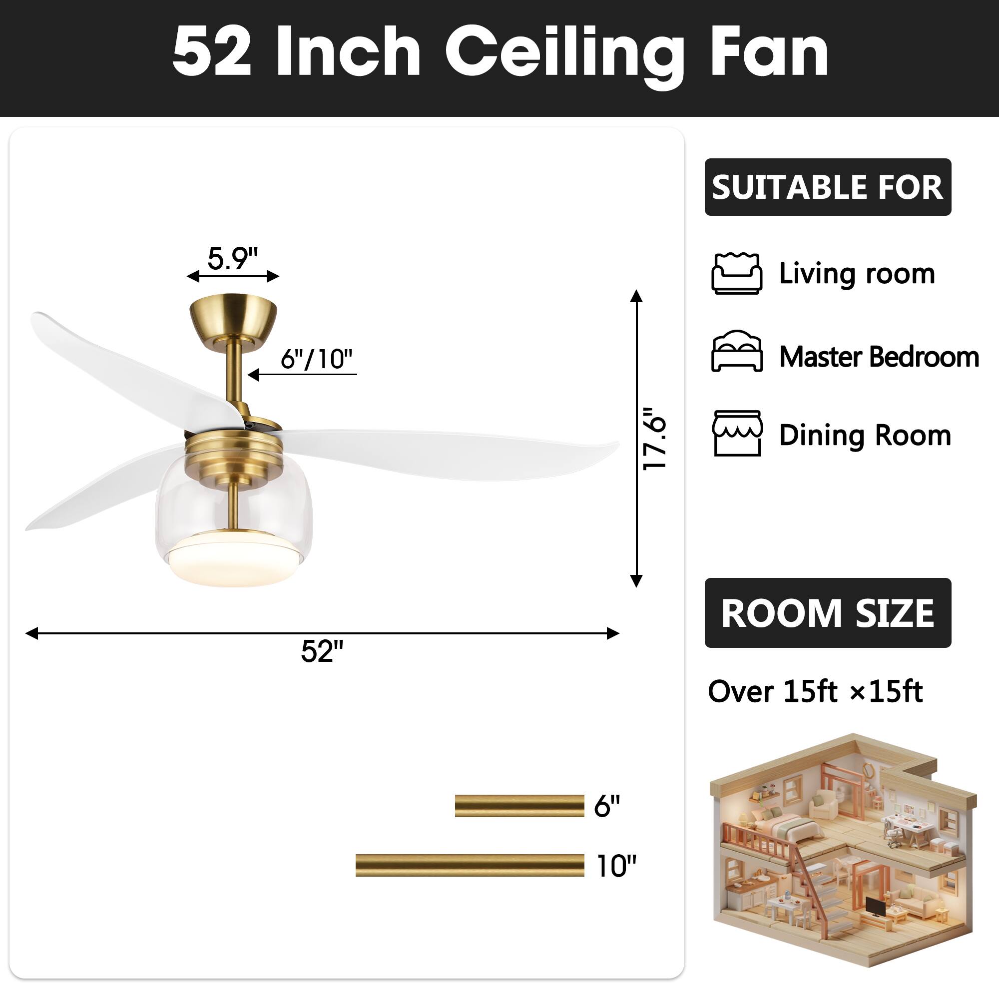 52 Inch Ceiling Fan

SUITABLE FOR
- Living room
- Master Bedroom
- Dining Room

ROOM SIZE
- Over 15ft x 15ft

Dimensions:
- 52" (fan span)
- 5.9" (height)
- 6"/10" (blade length)
- 17.6" (height from ceiling)
