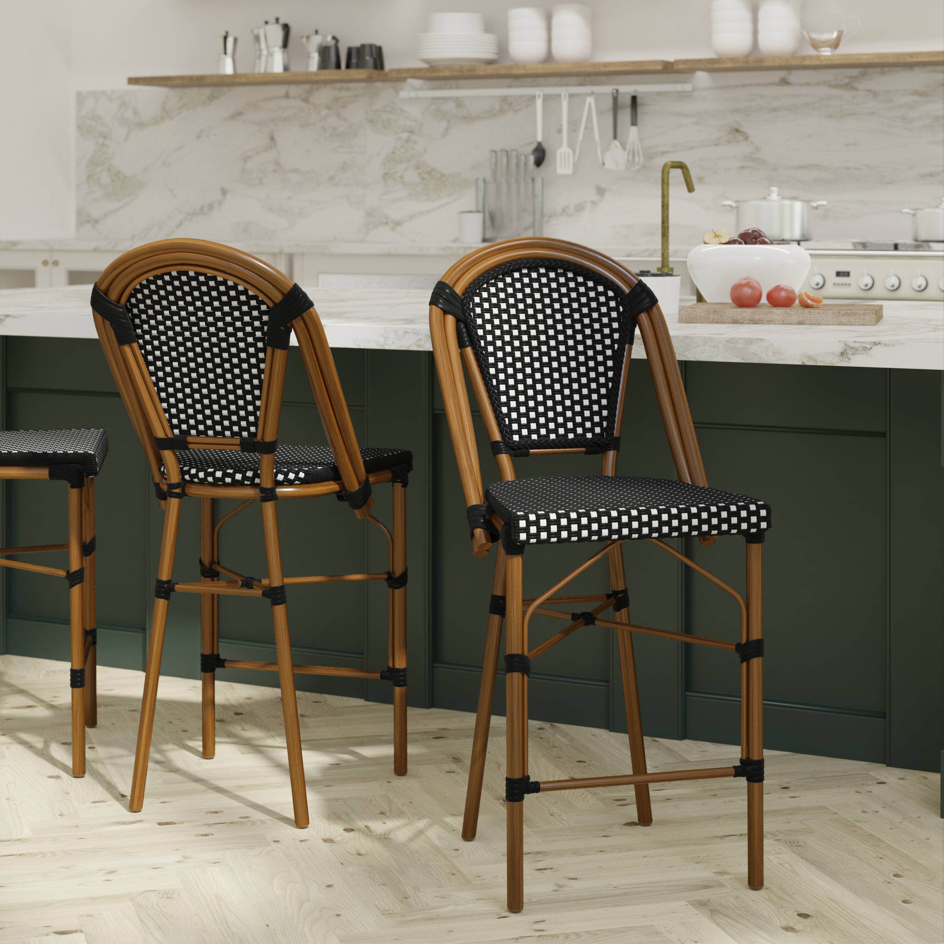 Alt View 2. Emma + Oliver - Soie Set of Two 26" High Stacking Bistro Counter Stools with PE Seat and Back and Metal Frames for Indoor/Outdoor Use - Black & White/Natural Frame.