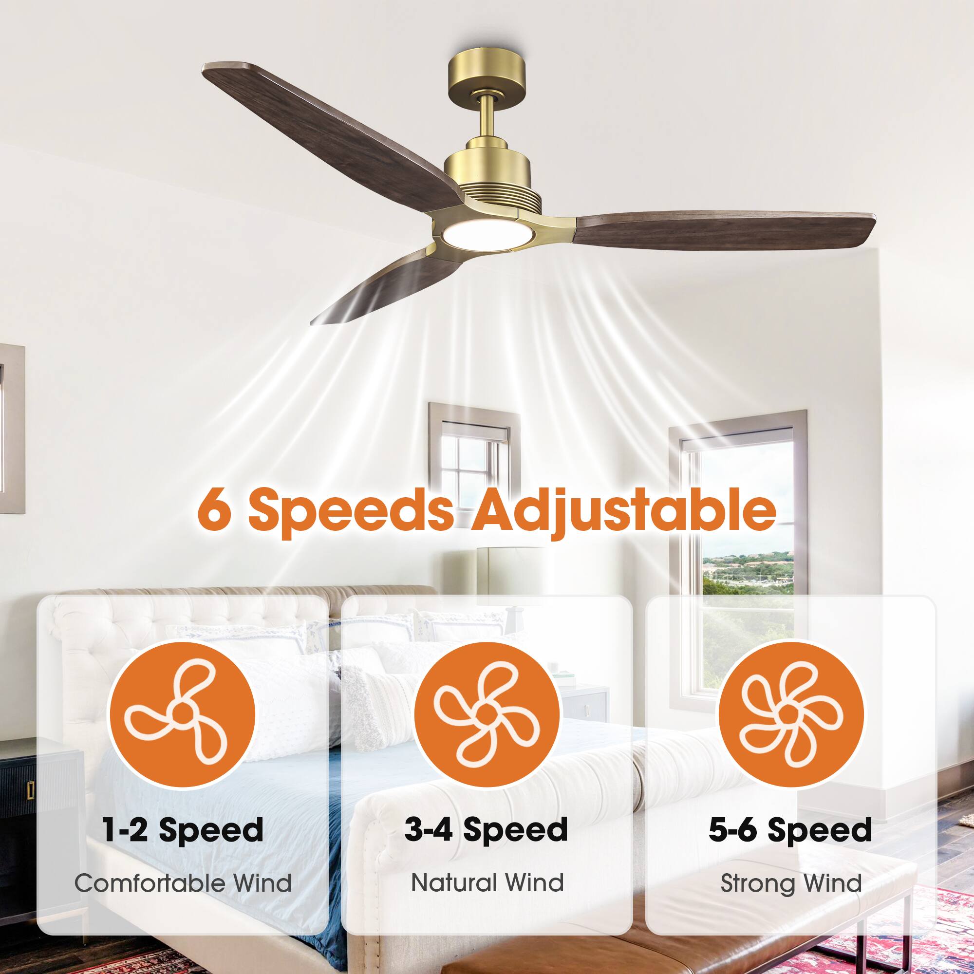 6 Speeds Adjustable  
1-2 Speed: Comfortable Wind  
3-4 Speed: Natural Wind  
5-6 Speed: Strong Wind