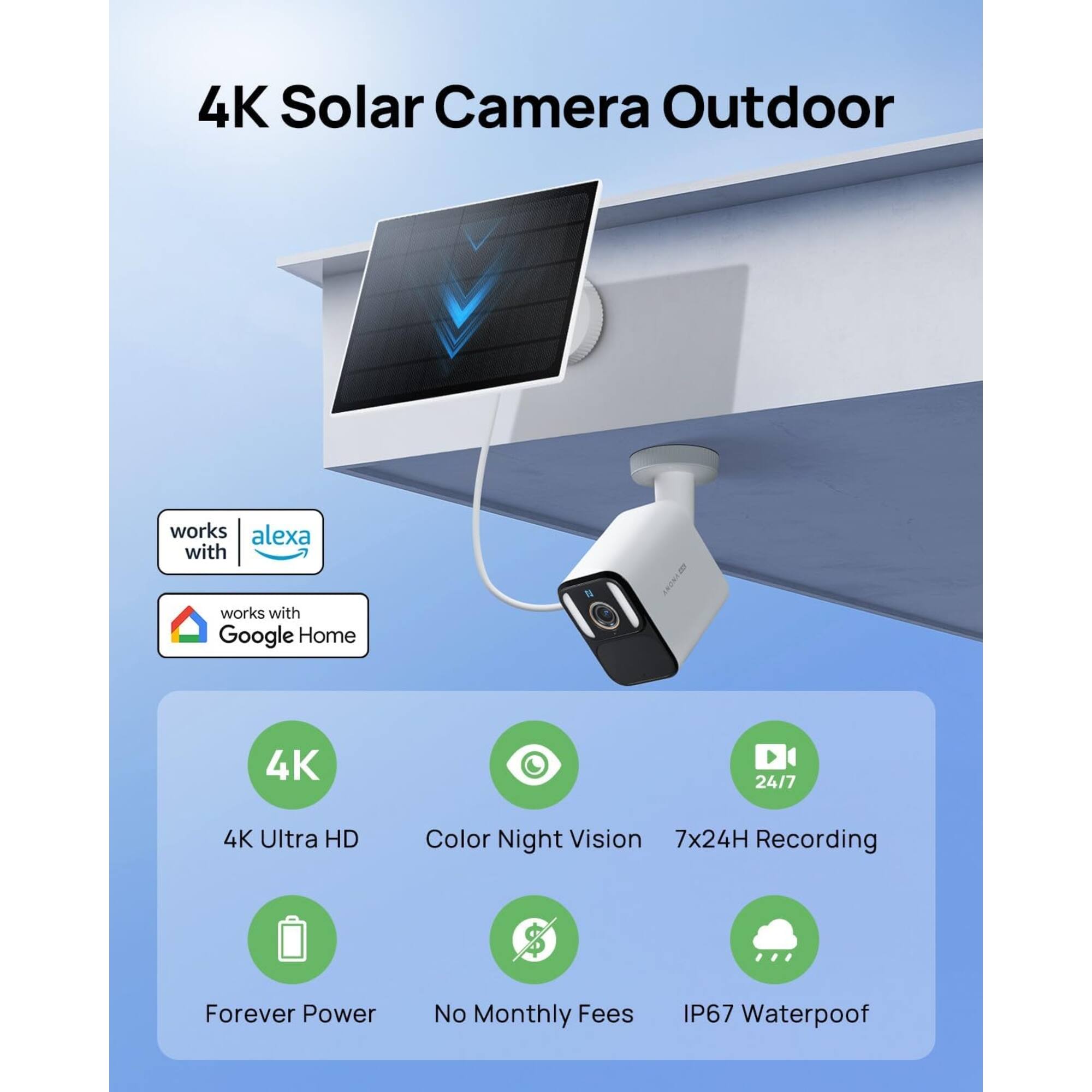 4K Solar Camera Outdoor works with Alexa and Google Home. Features include 4K Ultra HD, Color Night Vision, 7x24H Recording, Forever Power, No Monthly Fees, and IP67 Waterproof.