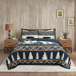 MarCielo - 3 Pcs Cabin Lodge Rustic Country Bear Quilt Bedspread Set - Navy blue bear