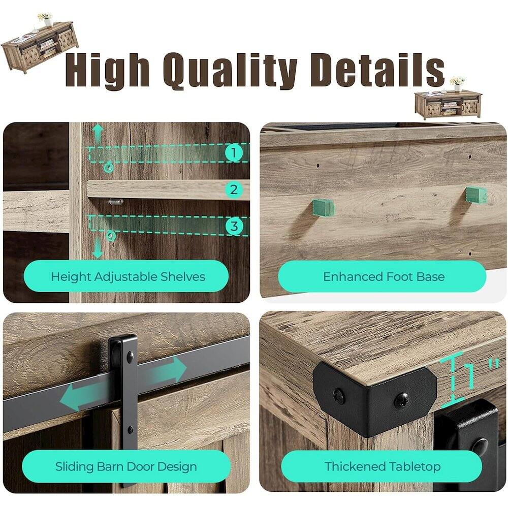 High Quality Details

1. Height Adjustable Shelves
2. Enhanced Foot Base
3. Sliding Barn Door Design
4. Thickened Tabletop