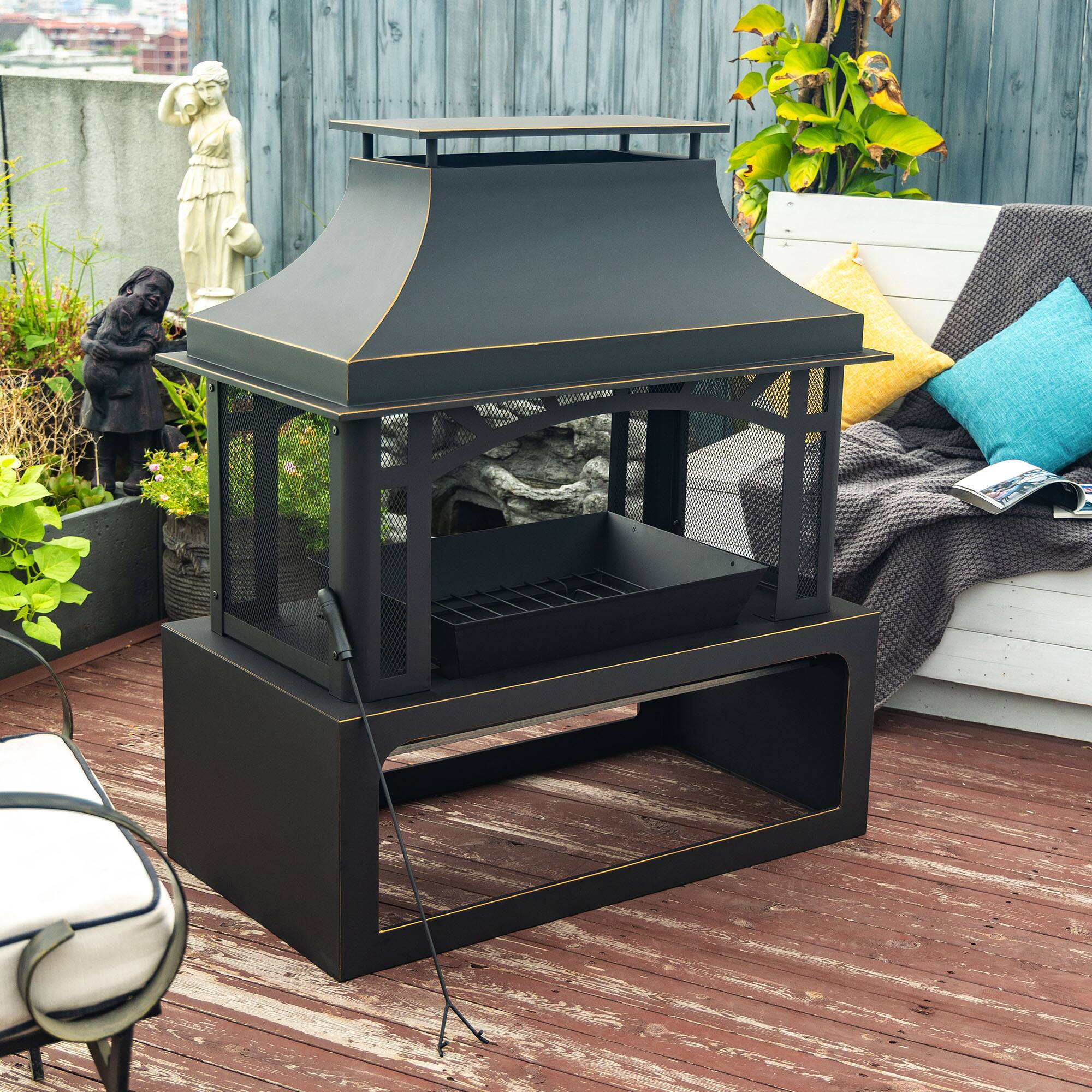 Angle. Lirago - 40" Wood Burning Fire Pit Outdoor Fireplace with Chimney 50000 BTU Steel Fire Pit Black - Black.