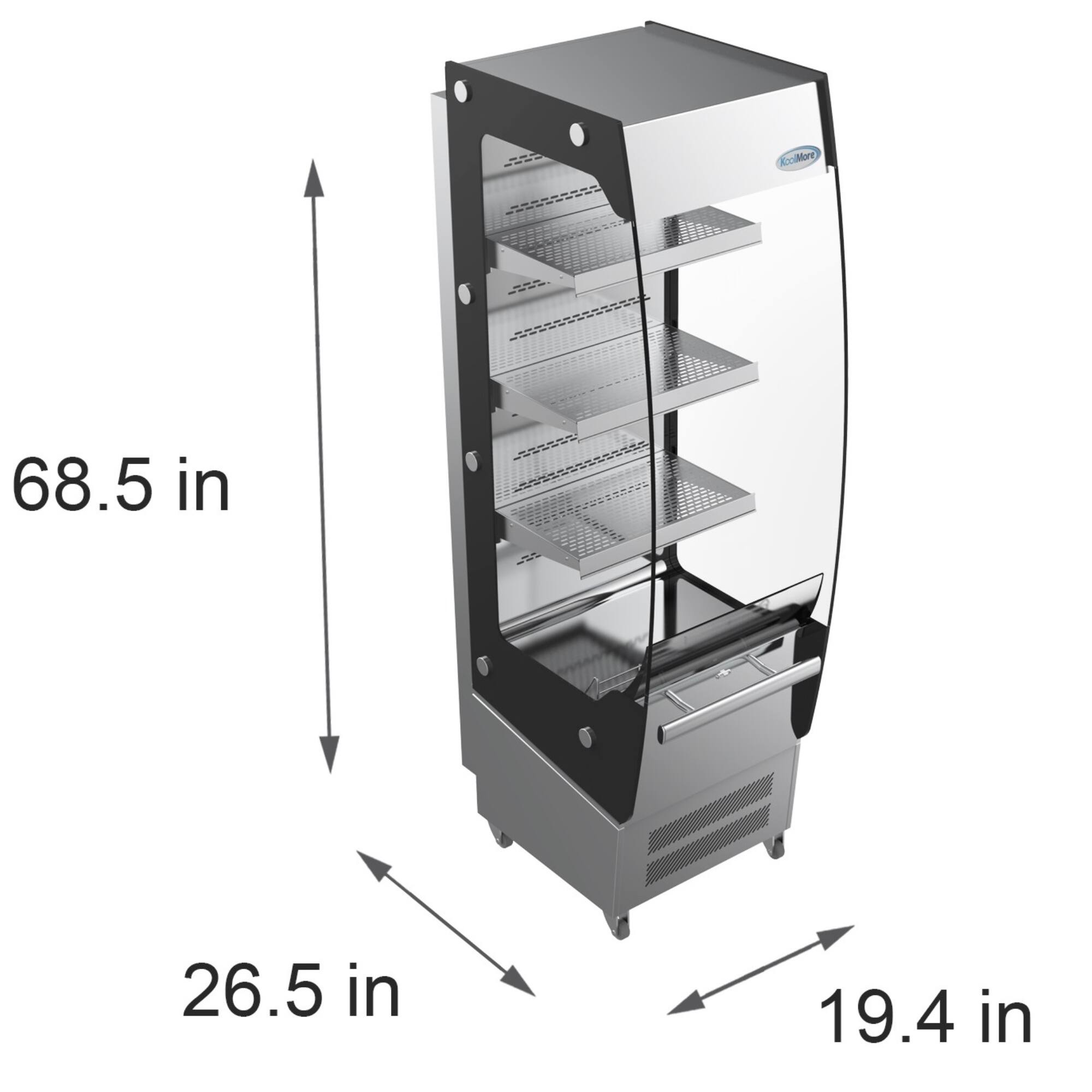 The image shows a freezer with a height of 68.5 inches, a width of 26.5 inches, and a depth of 19.4 inches.