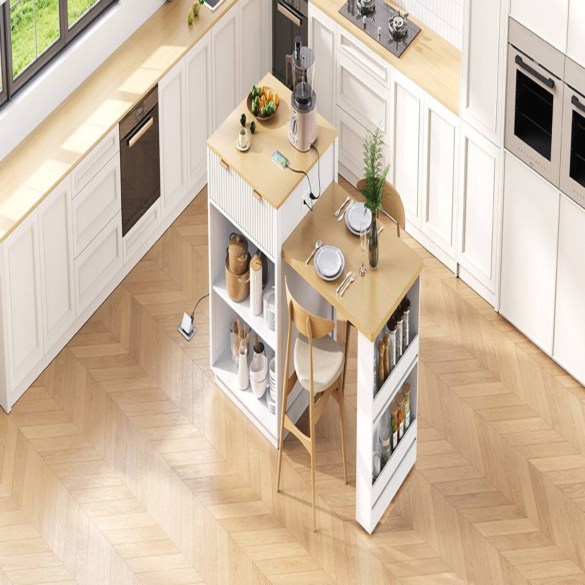 Alt View 3. Loheer - White Fluted Kitchen Island with Extendable Dining Table, 82.6-Inch Rectangular Island with Power Outlet - White.