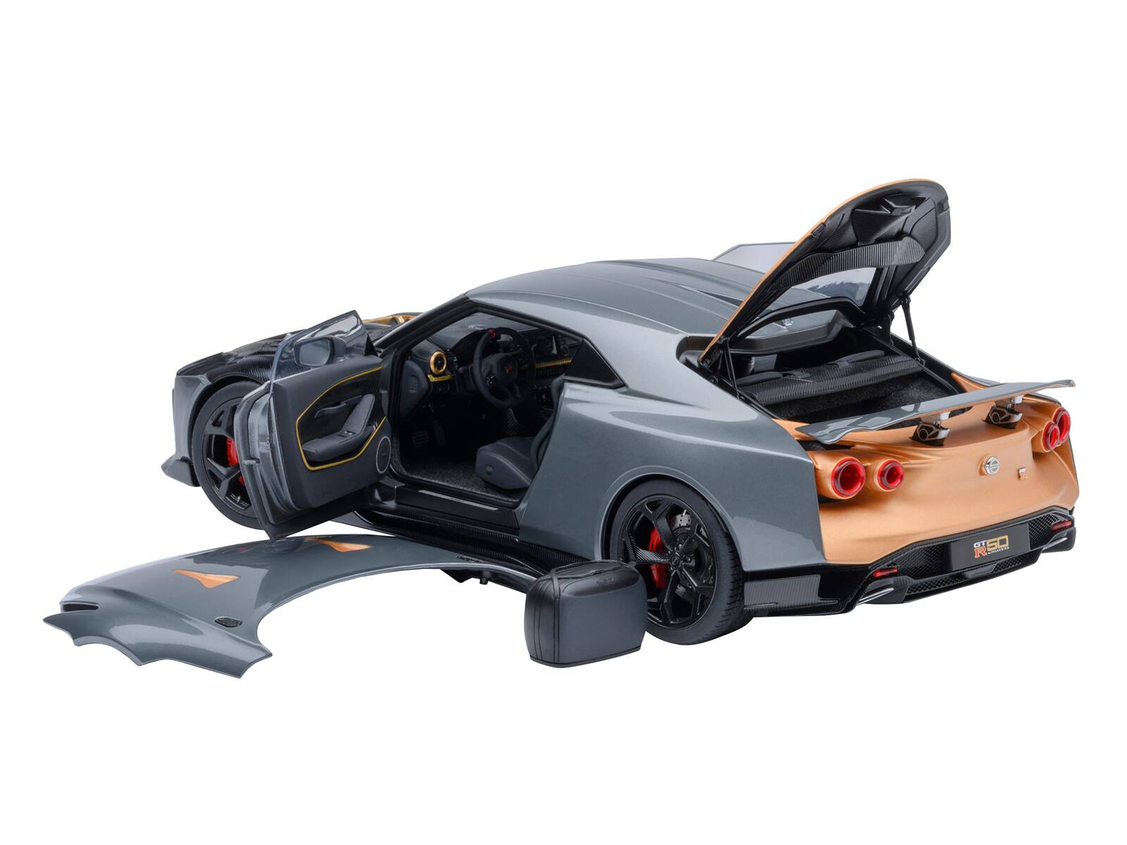 Angle. Autoart - Nissan GT-R50 By ItalDesign "Goodwood Version" Liquid Kinetic Gray Metallic with Gold Accents 1/18 Model Car by Autoart - Gray Metallic.