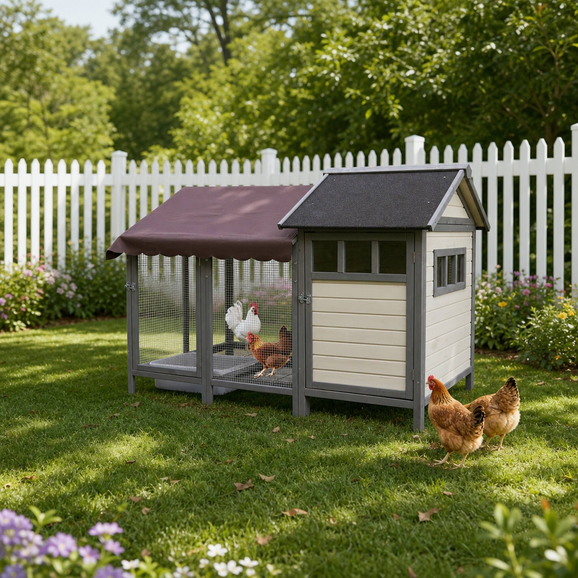 Alt View 2. RYHNUYNE - Wooden Outdoor Chicken Coop, 67.3 in Long, Holds 6 to 8 Birds, Waterproof Felt Roof, Movable Run.