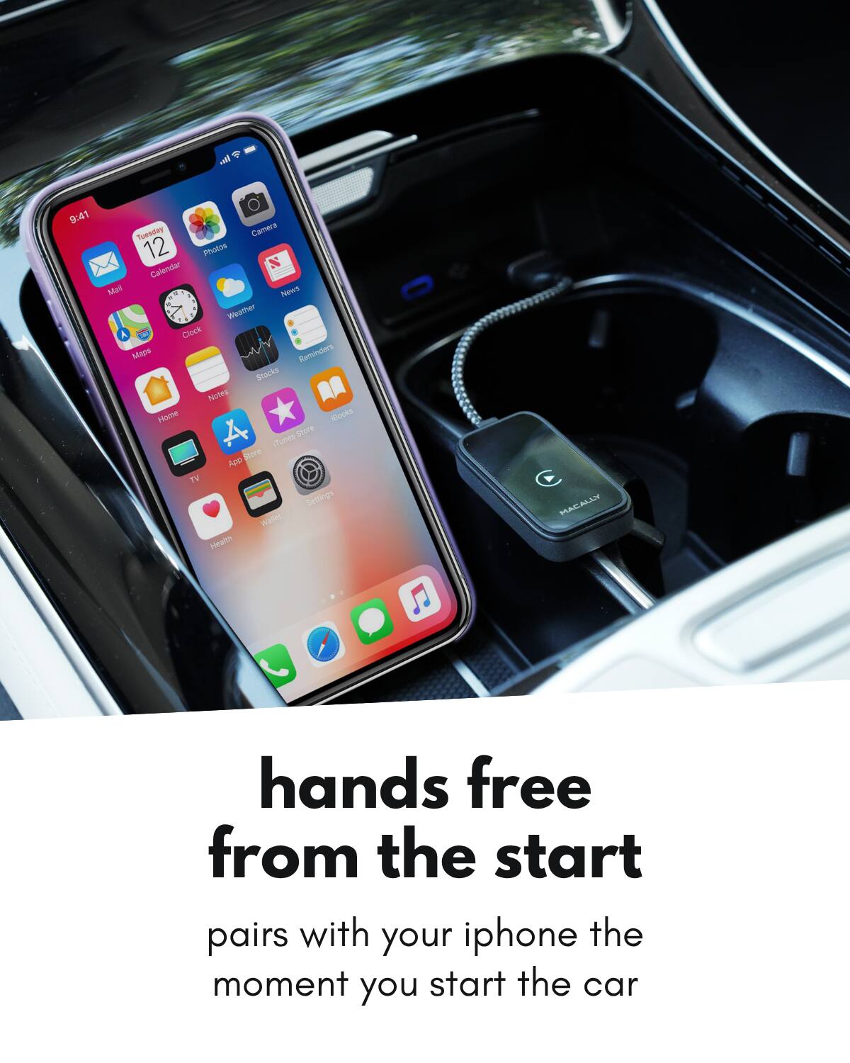 Sure, here is the corrected and grouped text:

---

**9:41 Tuesday 12**

**Camera 12 Photos Calendar Mail News Weather J A Clock Maps Reminders Stocks Notes Home Books Store iTunes Store App TV Settings Wallet Health**

**MACALLY hands free from the start pairs with your iphone the moment you start the car**

---