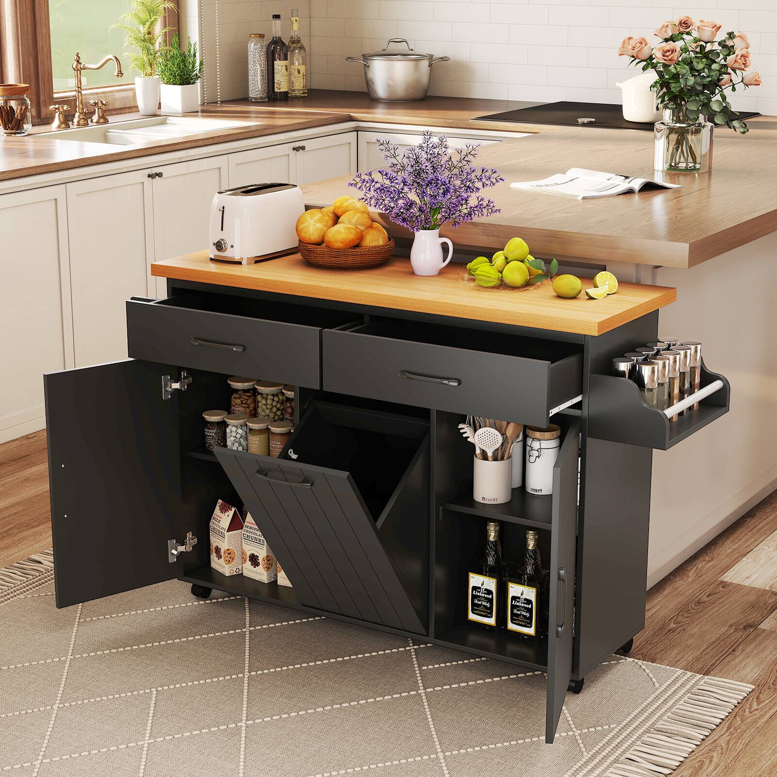 Alt View 4. Costway - Costway Rolling Kitchen Island Kitchen Cart with Tilt-out Trash Cabinet Island Table - Black.