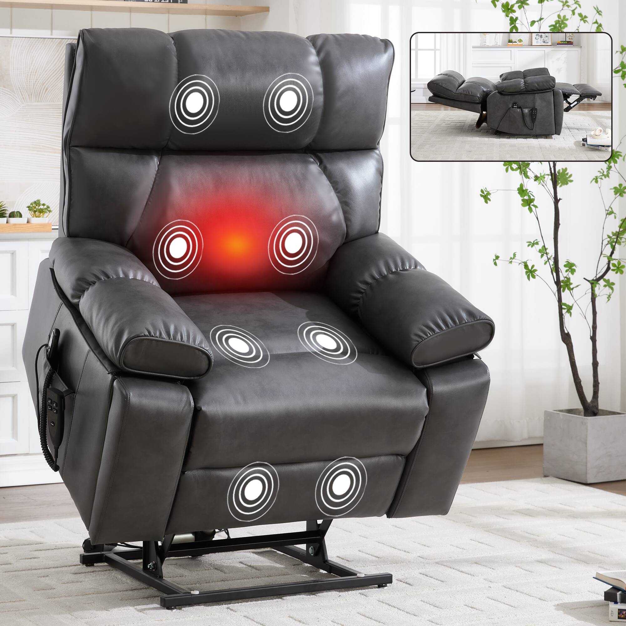 Angle. LUCKY ONE - Leatheraire Dual Motor Power Lift Recliner Chair with Massage, Heat and Hidden Cup Holders - Dark Grey.