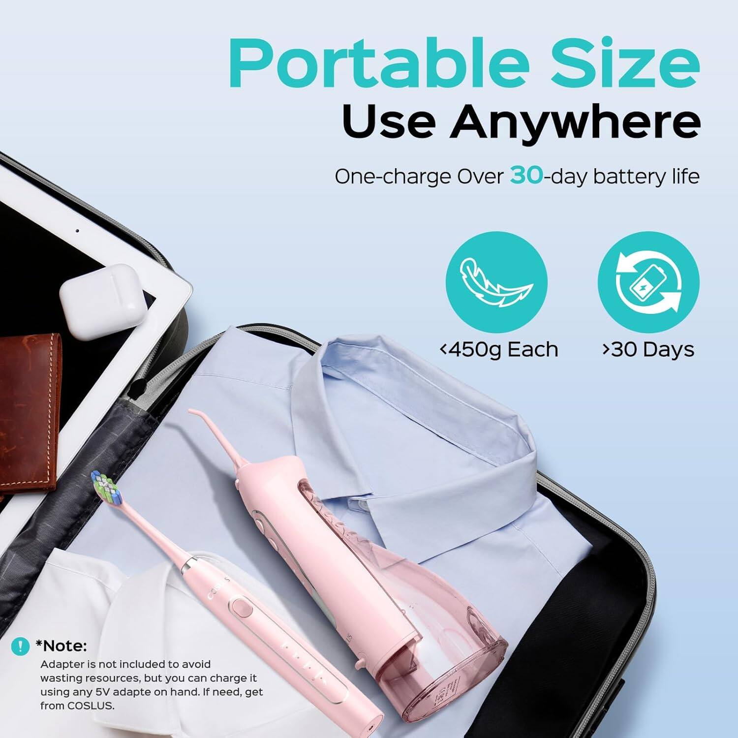 Portable Size  
Use Anywhere  
One-charge Over 30-day battery life  

<450g Each  
>30 Days  

*Note:  
Adapter is not included to avoid wasting resources, but you can charge it using any 5V adapter on hand. If need, get from COSLUS.