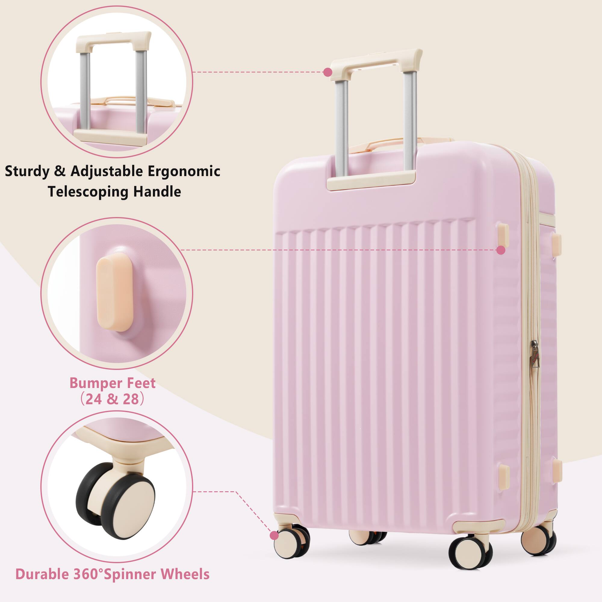 Sturdy & Adjustable Ergonomic Telescoping Handle

Bumper Feet (24 & 28)

Durable 360° Spinner Wheels