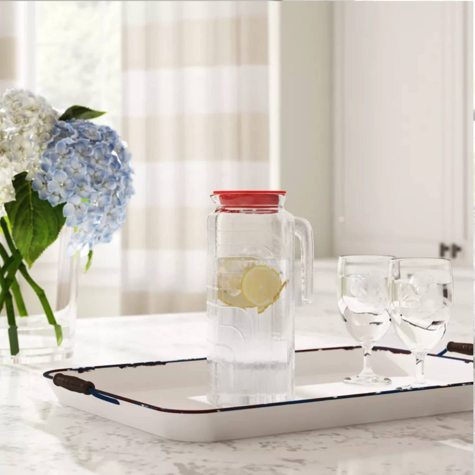 Alt View 1. Bormioli Rocco - Bormioli Rocco Gelo Glass Pitchers With Lid, 41 Oz, Set of 2, Red Lid - Clear.