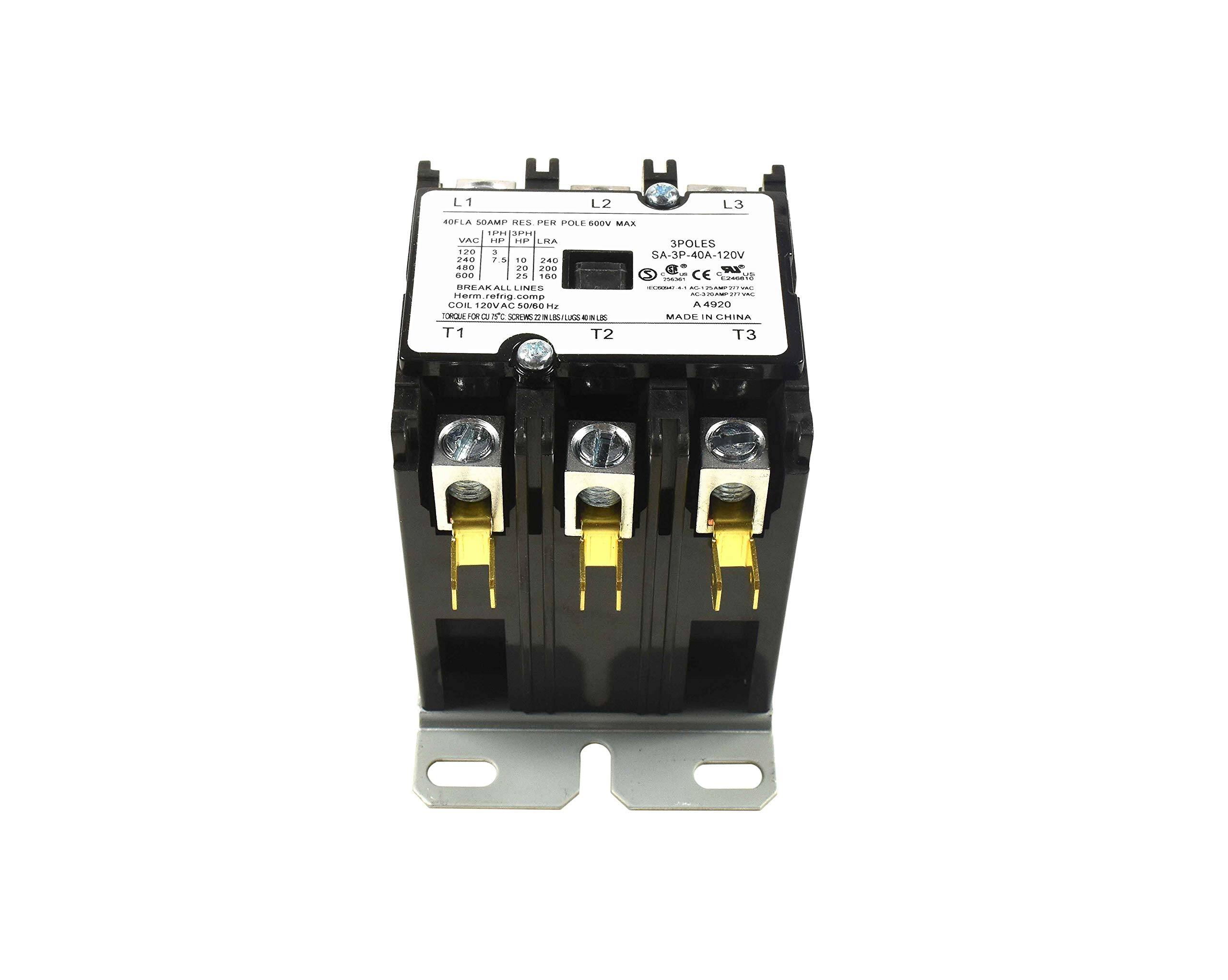 L1 1 L2 L3 10LA SOAMP RES. PER POLE 600V MAX  
3POLES  
SA-3P-40A-120V  
210 PS  
10 216 a80 20 200 ST 80O 26 100 CE ti -  
BREAK ALL LINES  
T1 T2 T3  
MADE IN CHINA  
40FLA 50AMP RES. PER POLE 600V MAX  
VAC HP LRA  
120 5 10  
240 2.5 5  
480 2 2.5  
600 2 2.5  
BREAK ALL LINES  
Cterm. ref. fig. comp.  
TORQUE FOR Q1 1/2" SCREW 62 IN.LBS. FUX 6 IN.LBS.  
A 4920  
HY  
WUS/LKE  
MADE IN CHINA  
T1 T2 T3