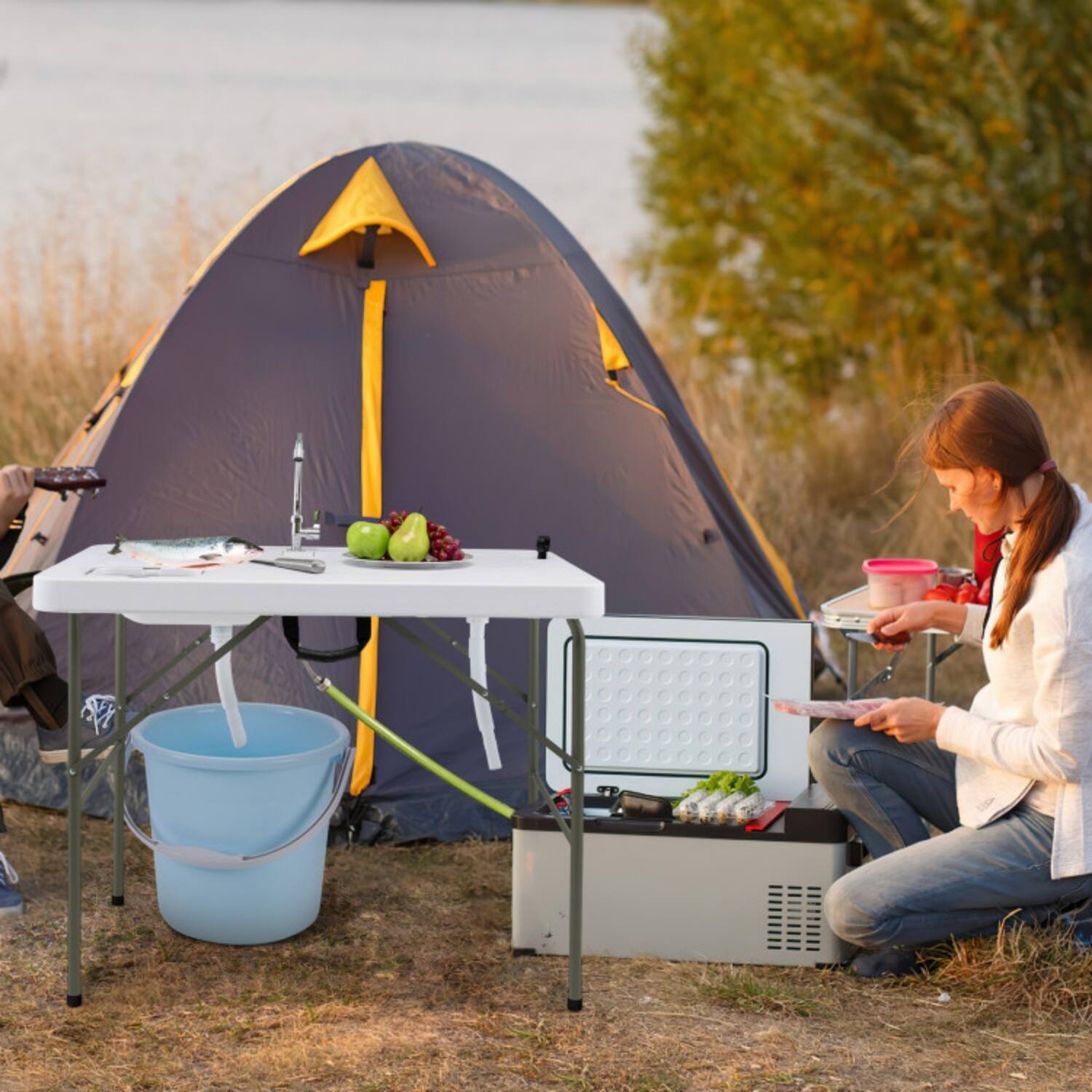 Alt View 4. Mondawe - Folding Fish Cleaning Table w 2 Sinks & 360° Rotatable Faucet HDPE Top Steel Legs 330 lbs - White.