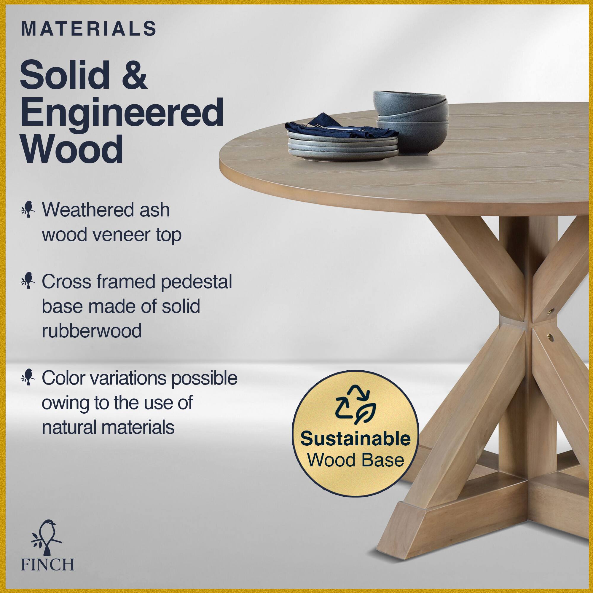 Left. Finch - Alfred Round Modern Farmhouse Rubberwood Table - Rustic Beige.