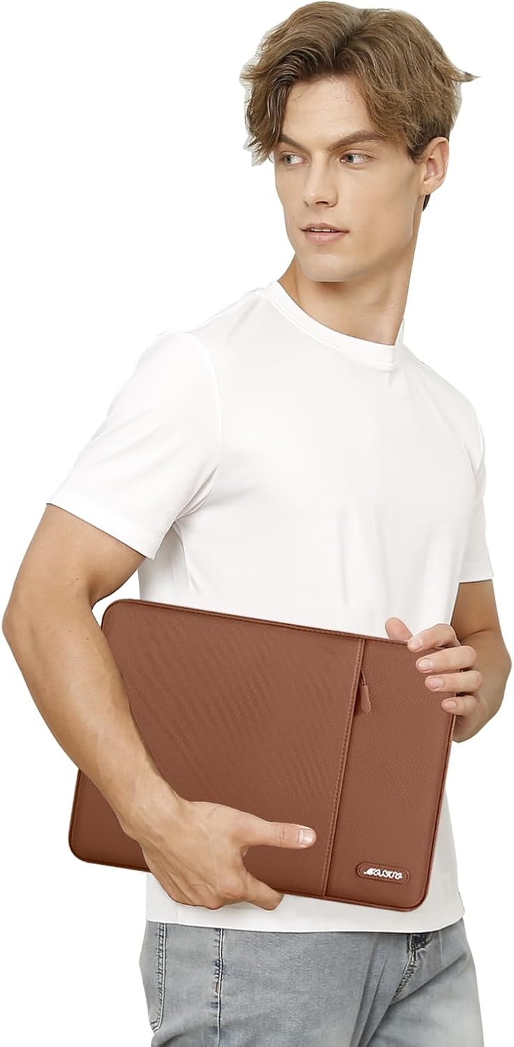 Alt View 1. mosiso - 13 inch Laptop Sleeve with Pocket, Polyester Vertical Case for MacBook Air/Pro/Neo 13 inch A18/M5/M4/M3/M2/M1 2026-2016 - Caramel Brown.
