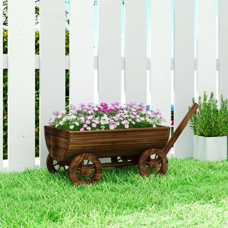 Alt View 1. PULUZ - Wooden Wagon Planter Box, Mobile Garden Planter with 4 Wheels, Small Wheelbarrow Wagon Flower Cart with Drainage Hole - Carbonized.