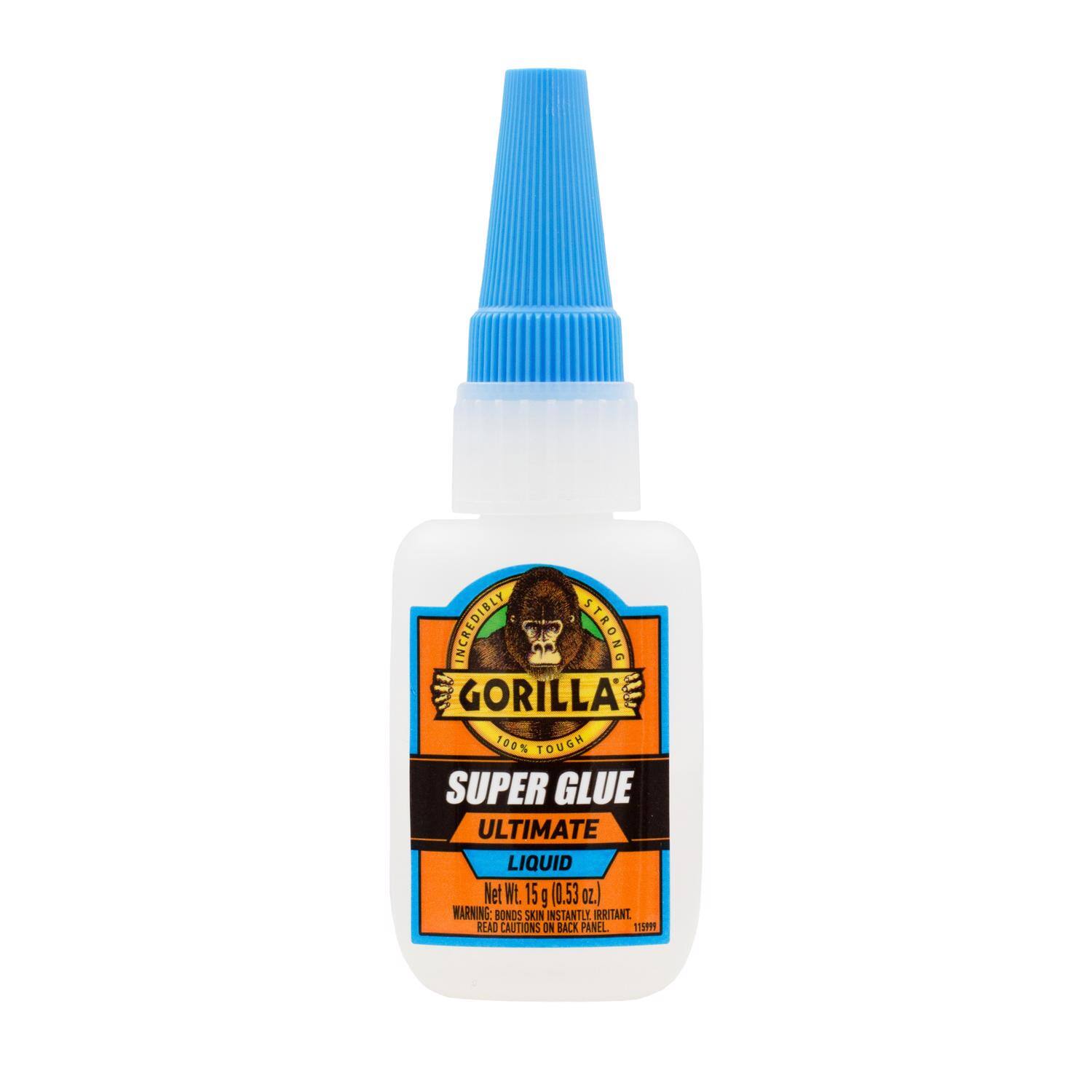 INCREDIBLY STRONG GORILLA 100% TOUGH SUPER GLUE ULTIMATE LIQUID Net WL. 15 9 (0.53 oz.) WARNING: BONDS SKIN INSTANTLY IRRITANT READ CAUTIONS ON BACK PANEL 11P