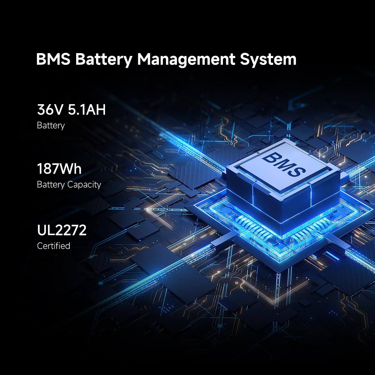 BMS Battery Management System

36V 5.1AH Battery

187Wh Battery Capacity

UL2272 Certified