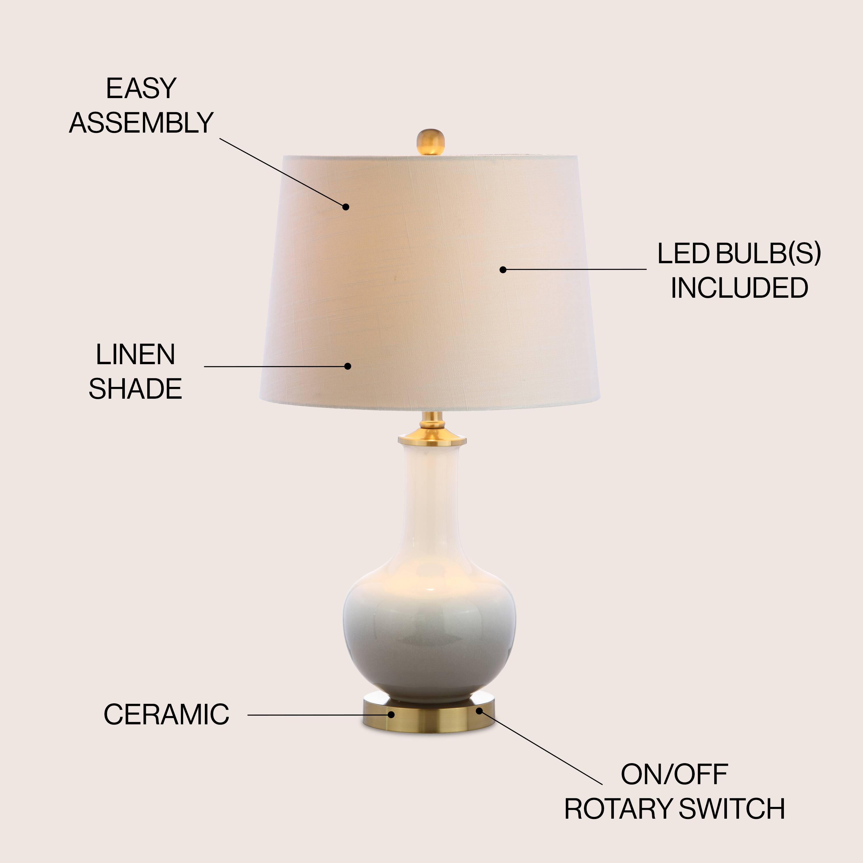- EASY ASSEMBLY
- LINEN SHADE
- LED BULB(S) INCLUDED
- CERAMIC
- ON/OFF ROTARY SWITCH