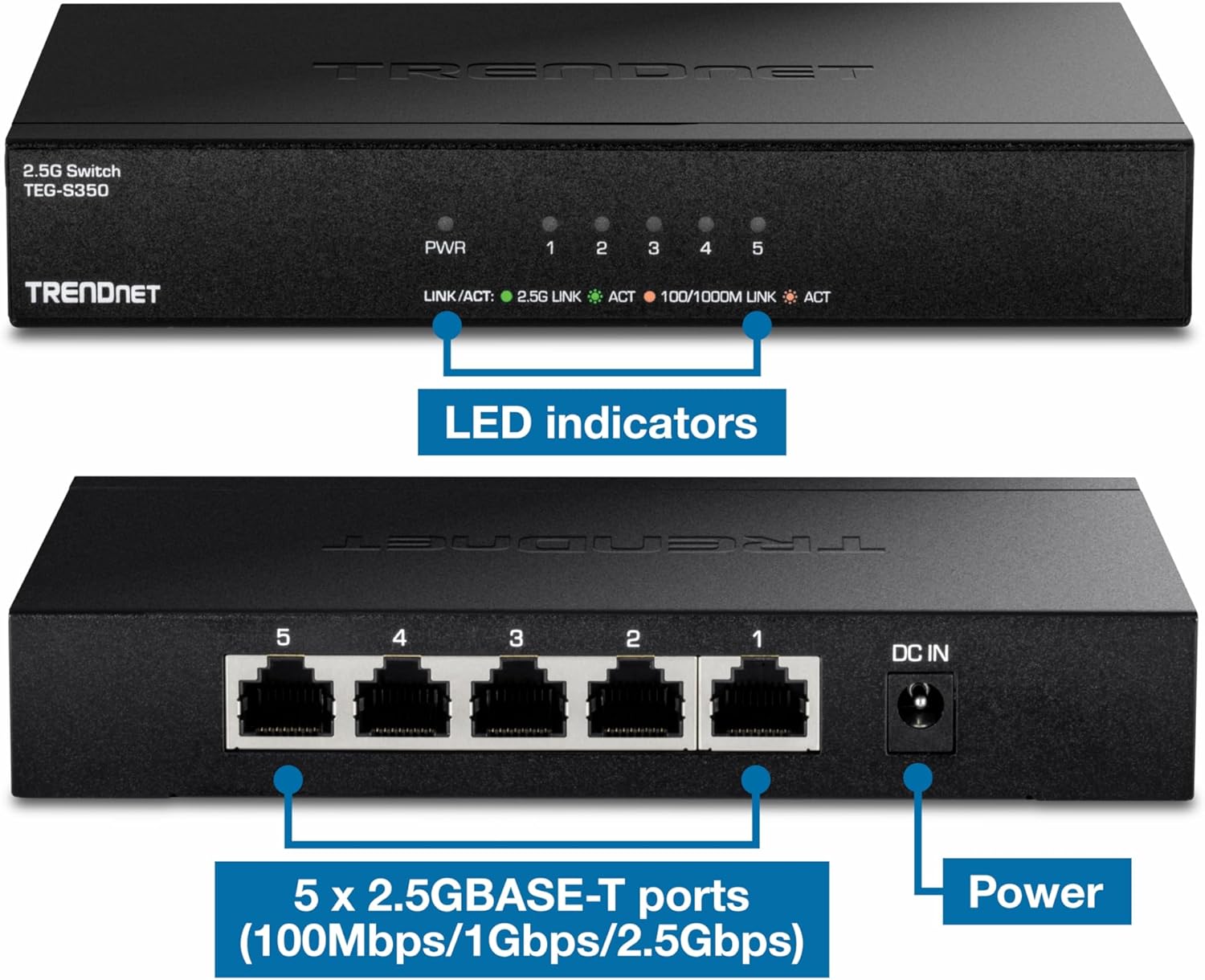 TRENDNET 2.5G Switch TEG-S350  
PWR 1 2 3 4 5  
TRENDNET  
LINK/ACT: 2.5G LINK ACT 100/1000M LINK ACT  
LED indicators  
5 x 2.5GBASE-T ports  
Power (100Mbps/1Gbps/2.5Gbps)