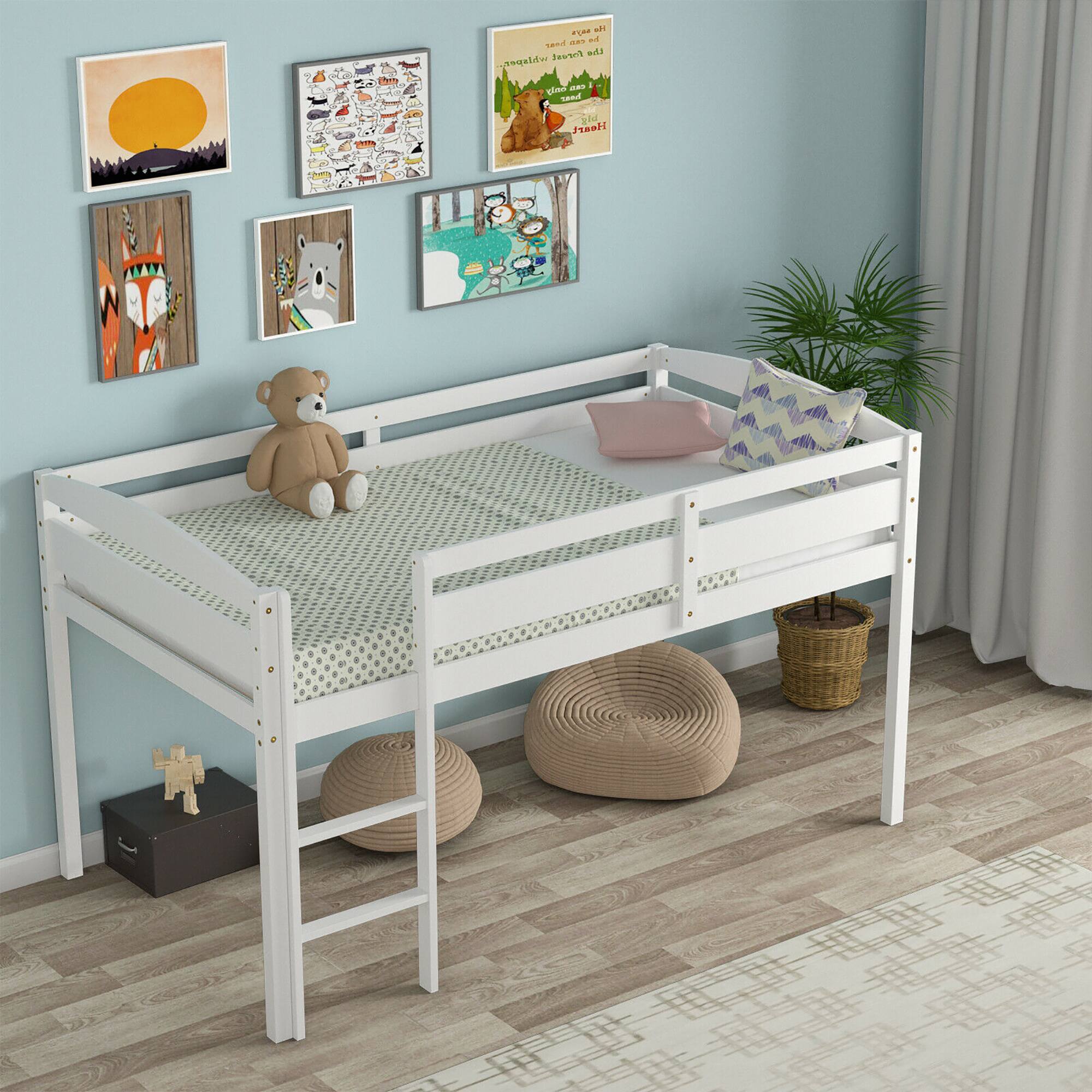 Alt View 4. Costway - Costway Twin Low Loft Bunk Junior Bed Bedroom Wooden Guard Rail Ladder - White.