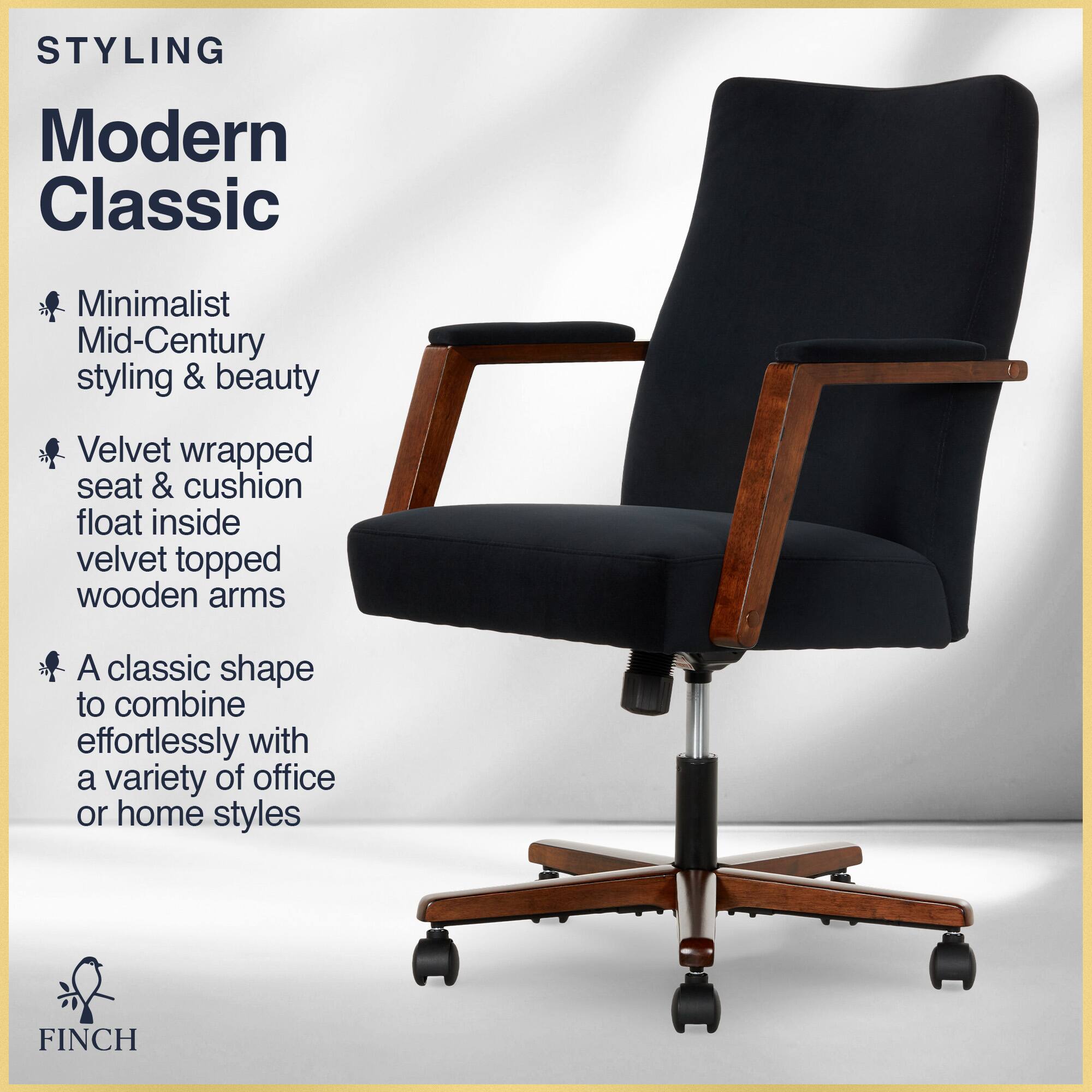 STYLING  
Modern Classic  

Minimalist Mid-Century styling & beauty  
Velvet wrapped seat & cushion float inside velvet topped wooden arms  
A classic shape to combine effortlessly with a variety of office or home styles  

FINCH