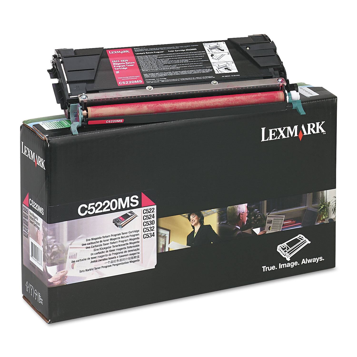 Sure, here is the corrected and grouped text from the image:

---

**LEXMARK**

**C5220MS**

**One Magenta Return Program Toner Cartridge**

**C5220MS**

**C5222 C524 C522 C530 C532 C534**

**True. Image. Always.**

---

**Product Information:**

- **C5220MS**
- **C5222**
- **C524**
- **C522**
- **C530**
- **C532**
- **C534**

**One Magenta Return Program Toner Cartridge**

**Un cartucho de toner de retorno de magenta**

**Une cartouche de toner de programme de retour de magenta**

**Una cartucho de toner de programa de retorno de magenta**

**Sati Kartuş Toner Programı Perpendeşmeli Magenta**

---

**Return Program:**

- **C5220MS**
- **C5222**
- **C524**
- **C522**
- **C530