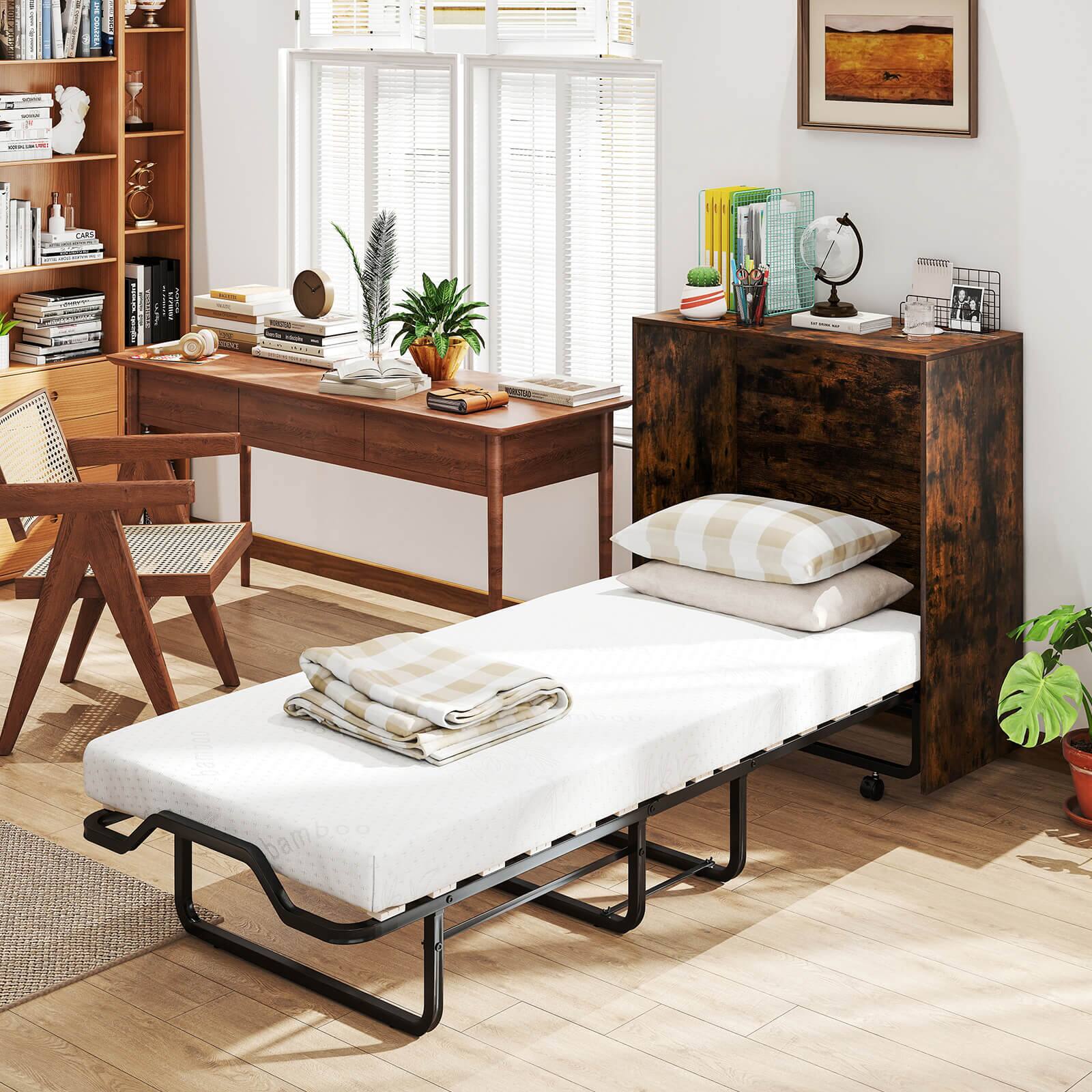 Alt View 4. Costway - Costway Cot Size Murphy Bed with Storage Rolling Murphy Cabinet with Foldable Bed - Brown.