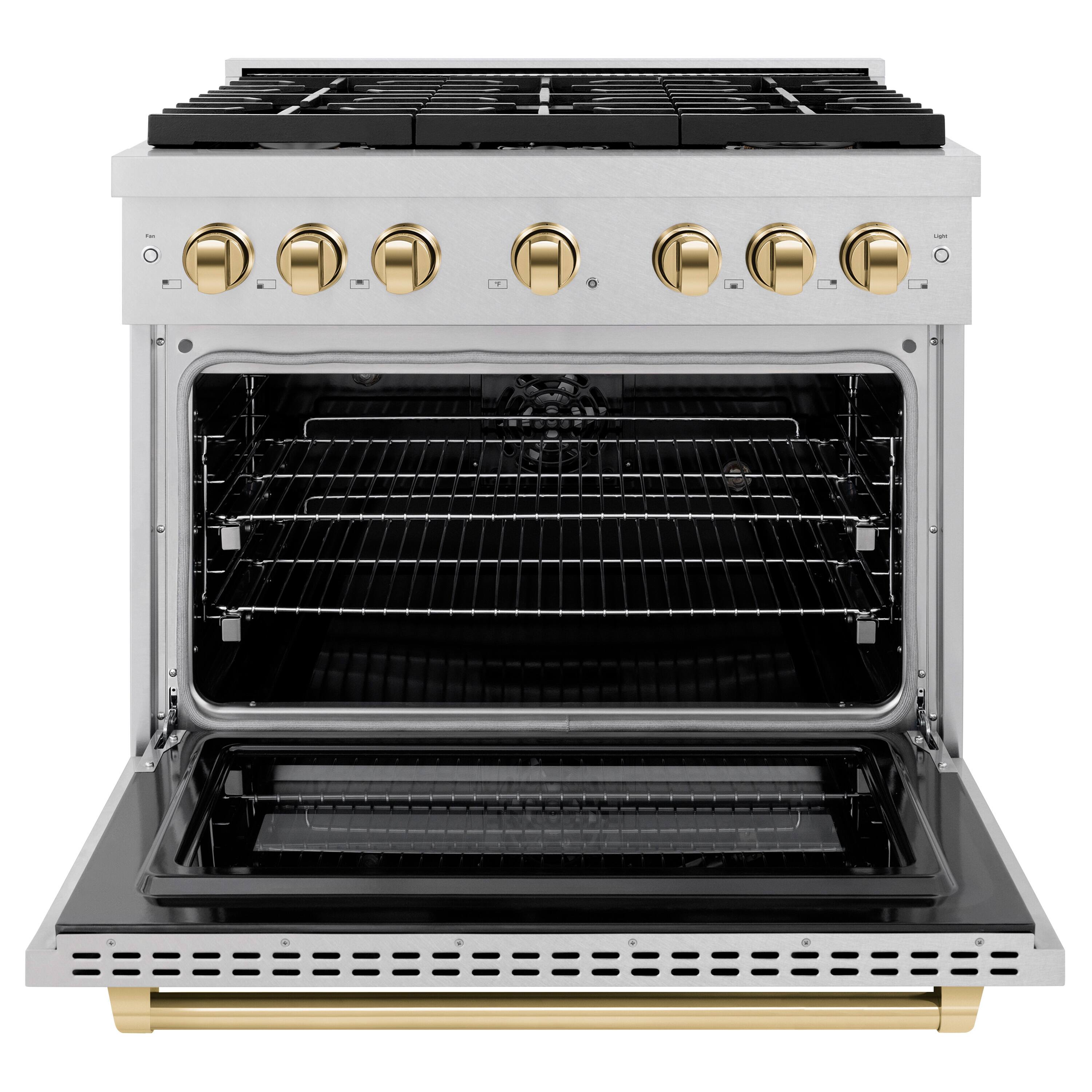 Angle. ZLINE - ZLINE Autograph 36 in. Paramount Dual Fuel Satin Steel Range w/ 6 Burners & Gold Accents (SDRSZ-36-G) - Stainless Steel.