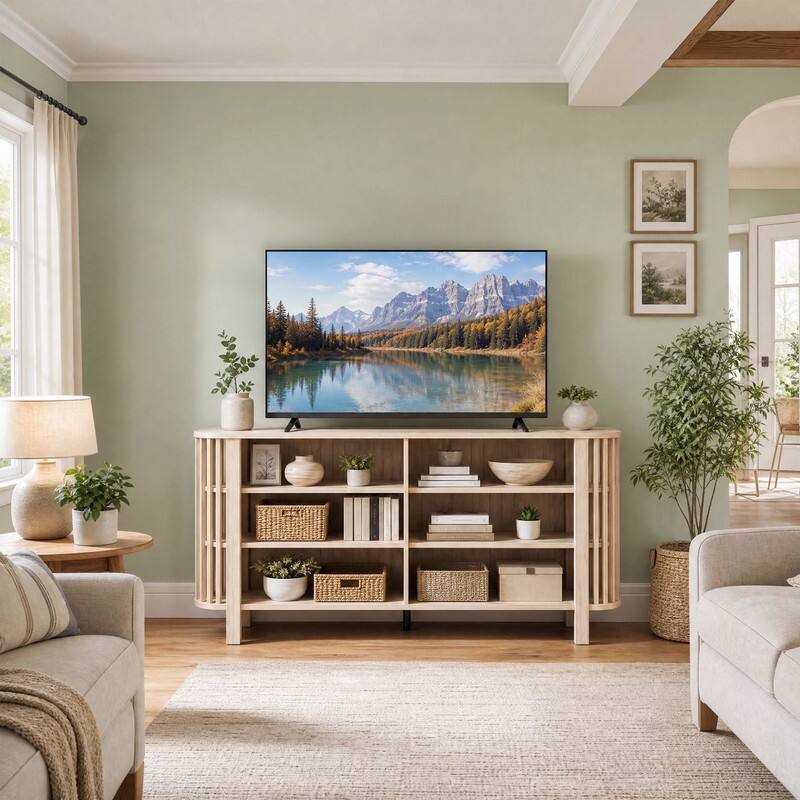 Front. WELLFOR - Modern TV Stand for TVs Up to 55 Inches with Adjustable Shelves, Wood TV Media Console Entertainment Center - Natural.