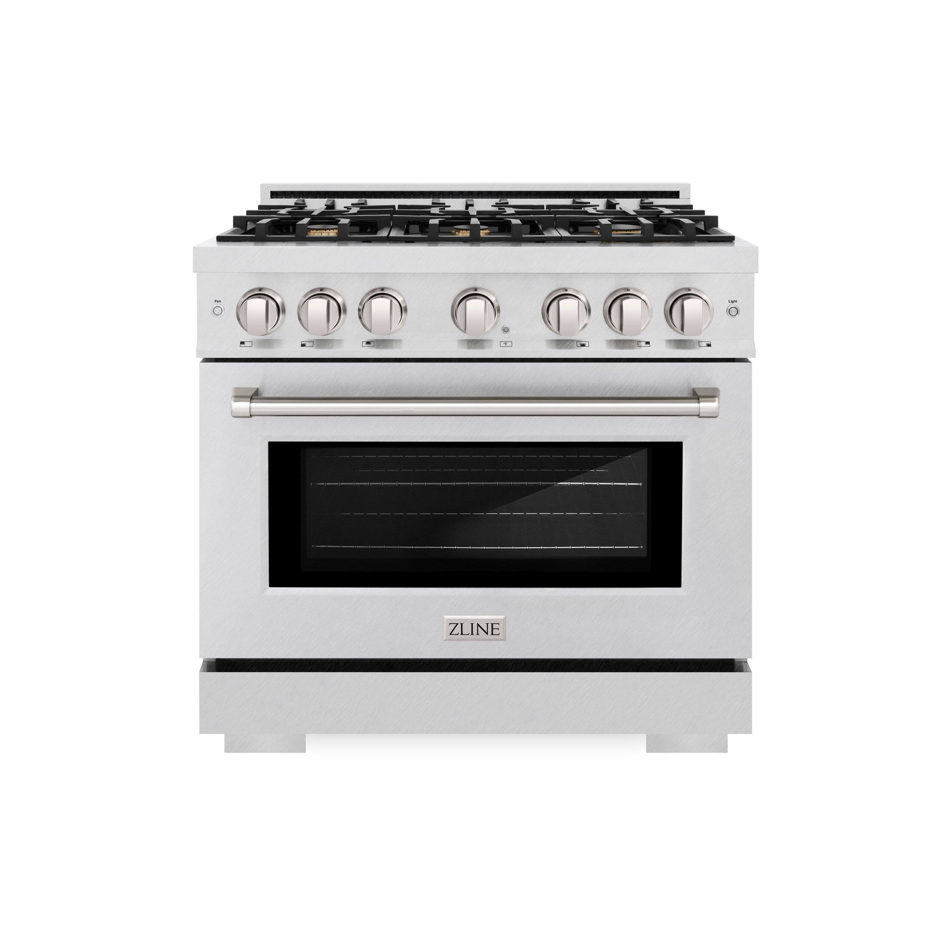 Left. ZLINE - ZLINE 36 in. 5.2 cu. ft. Freestanding Select Satin Stainless Gas Range w/ Convection Oven & 6 Brass Burners - Satin Stainless Steel.
