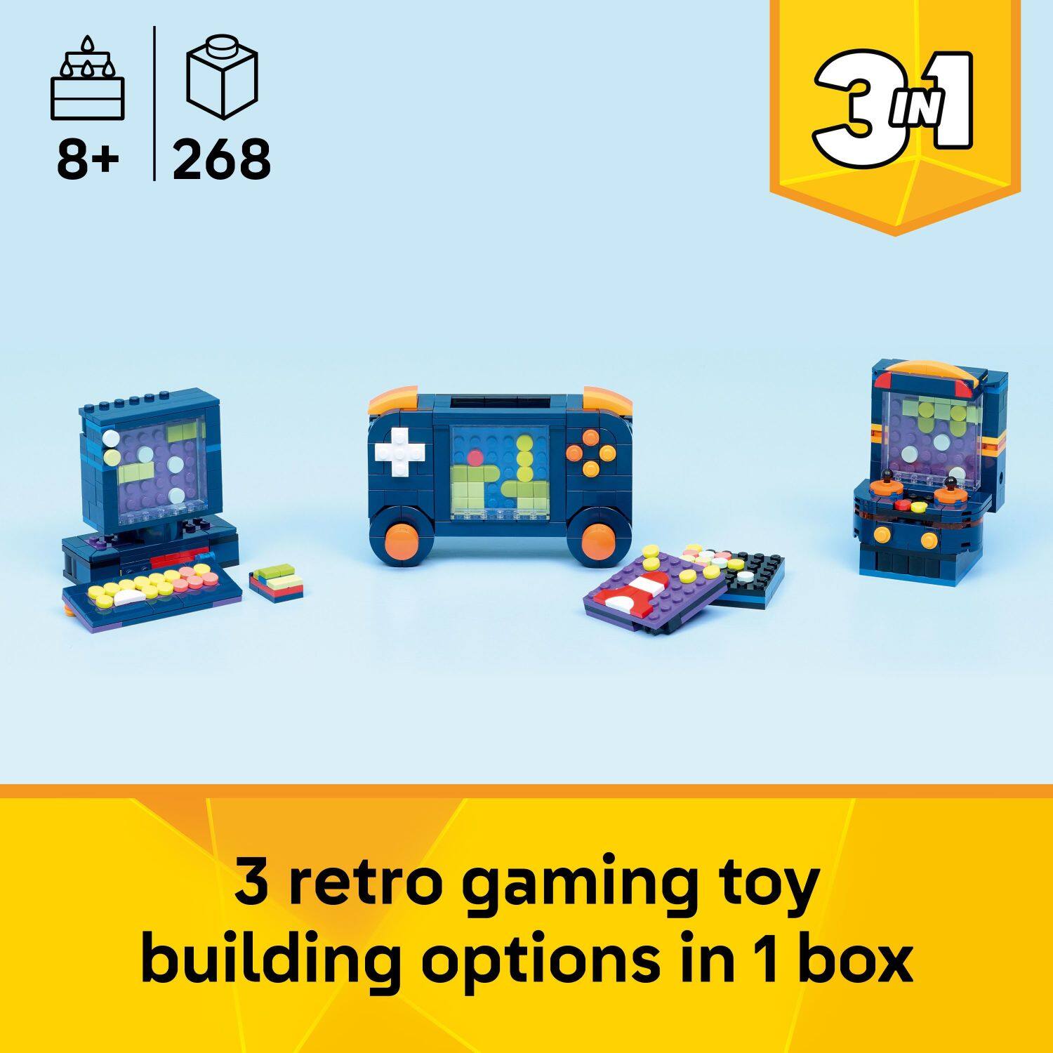 8+ 268  
3 IN 1  
3 retro gaming toy building options in 1 box