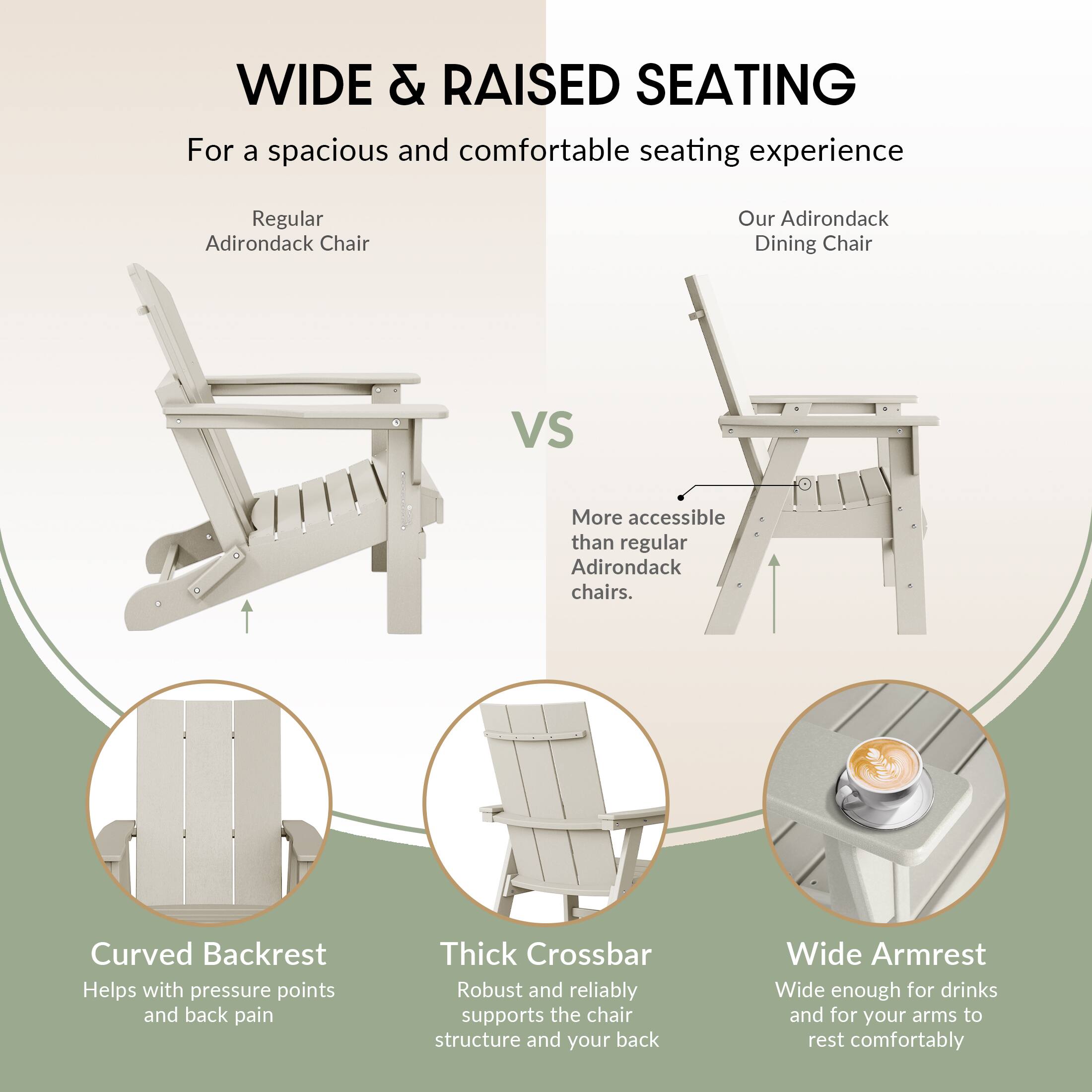 WIDE & RAISED SEATING  
For a spacious and comfortable seating experience

Regular Adirondack Chair  
VS  
Our Adirondack Dining Chair  
More accessible than regular Adirondack chairs.

- Curved Backrest  
  Helps with pressure points and back pain

- Thick Crossbar  
  Robust and reliably supports the chair structure and your back

- Wide Armrest  
  Wide enough for drinks and for your arms to rest comfortably
