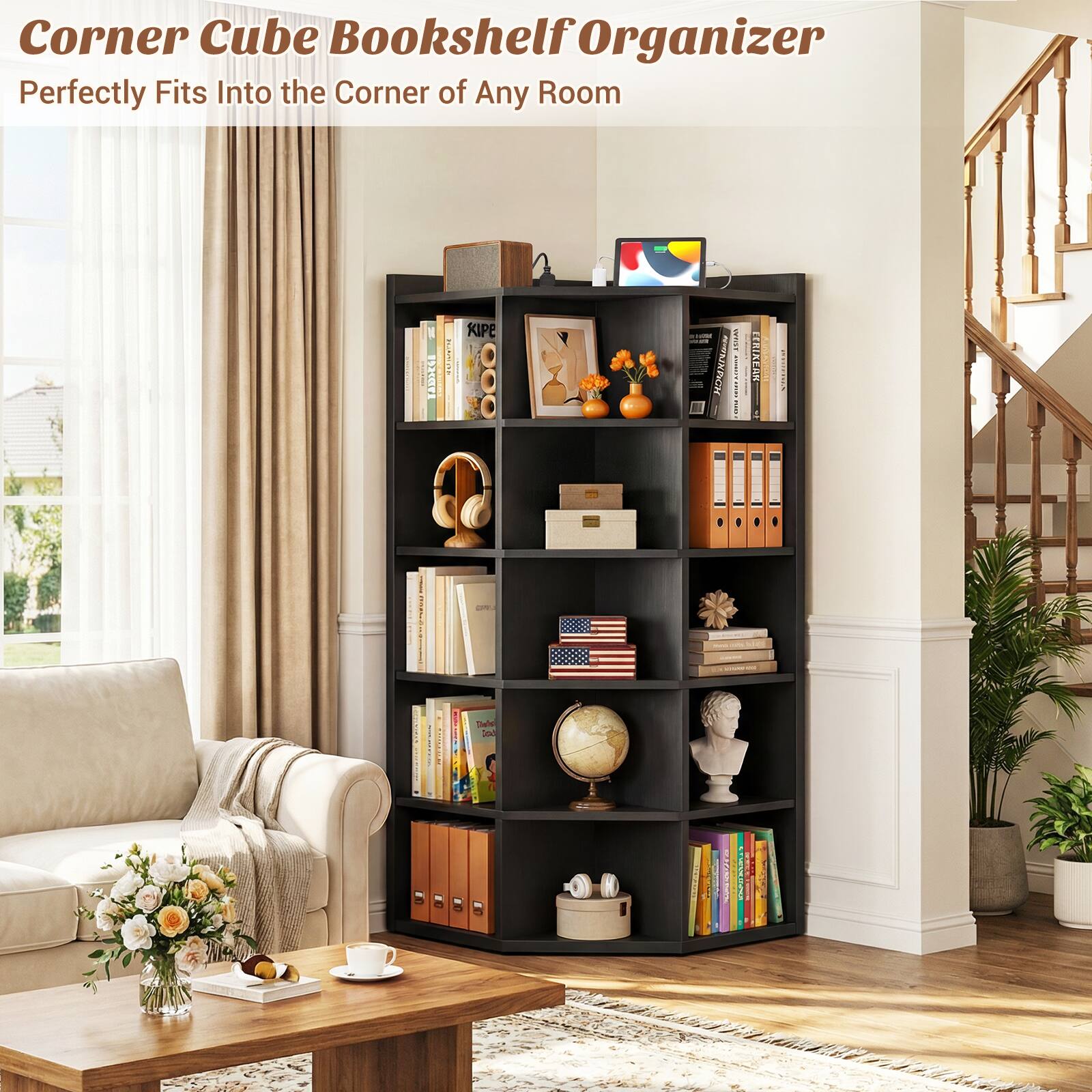 Corner Cube Bookshelf Organizer  
Perfectly Fits Into the Corner of Any Room