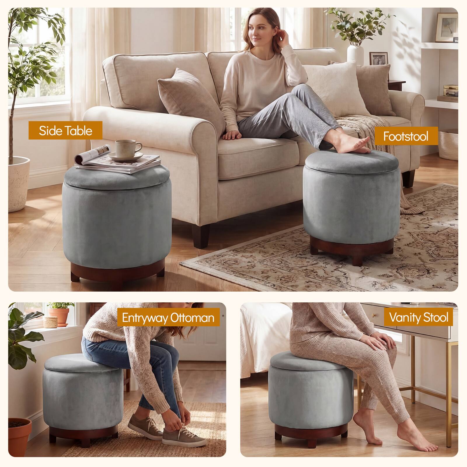 - Side Table
- Footstool
- Entryway Ottoman
- Vanity Stool