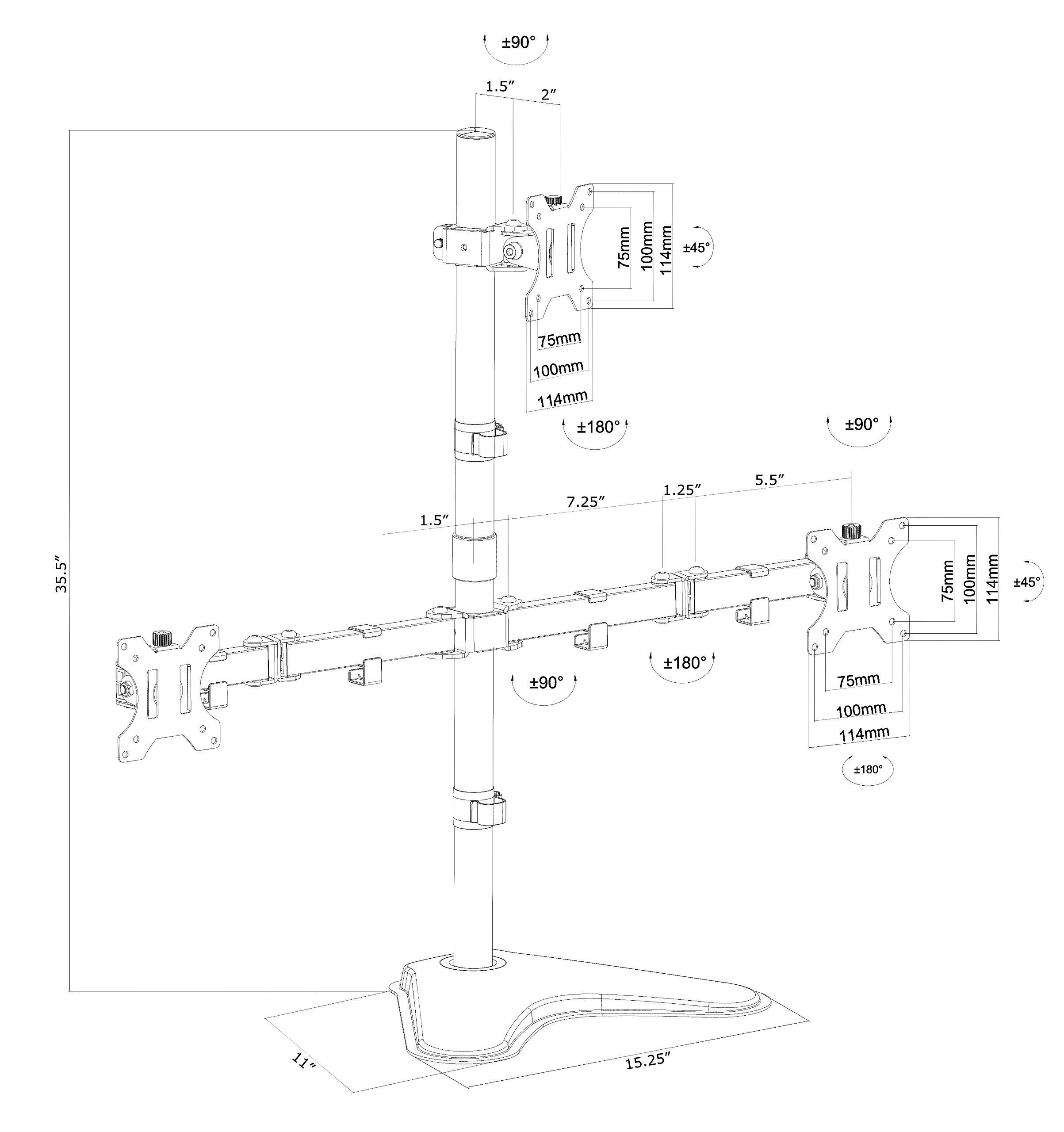 Here is the corrected and grouped text from the image:

- 90°
- 1.5"
- 2"
- 75mm
- 100mm
- 114mm
- +45°
- 75mm
- 100mm
- 114mm
- 180°
- 90°
- 5"
- 35.5"
- 1.5"
- 7.25"
- 1.25"
- 5.5"
- 75mm
- 100mm
- 114mm
- 45°
- 90°
- 180°
- 75mm
- 100mm
- 114mm
- 180°
- 11"
- 15.25"
