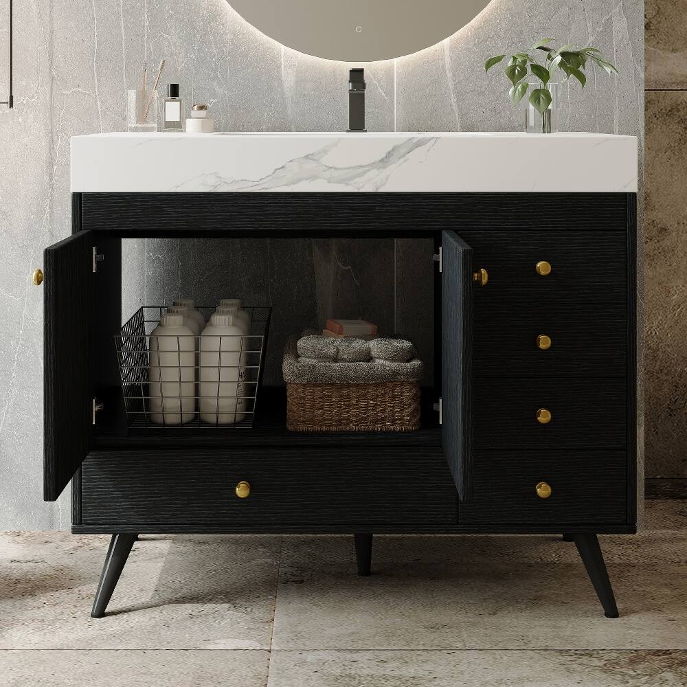 Alt View 1. Loheer - Loheer 36 inch freestanding bathroom vanity with faux marble top, ceramic sink, 5 drawers, black - Black.