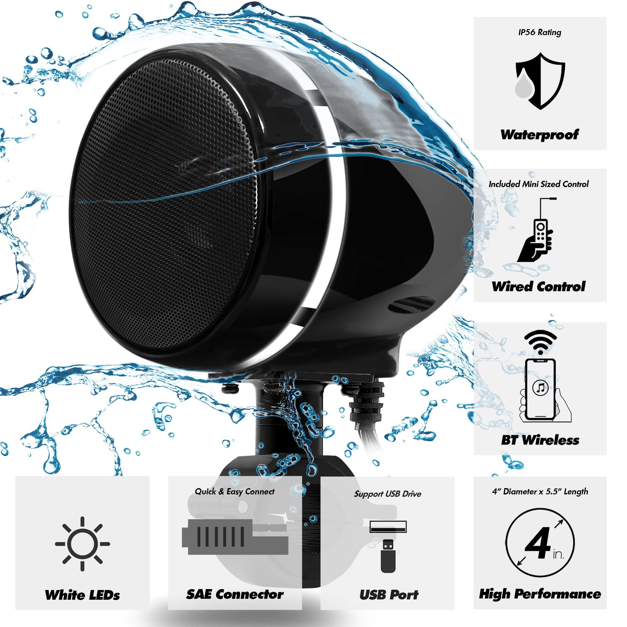 - IP56 Rating
- Waterproof
- Included Mini Sized Control
- Wired Control
- BT Wireless
- Quick & Easy Connect
- Support USB Drive
- White LEDs
- SAE Connector
- USB Port
- 4" Diameter x 5.5" Length
- High Performance