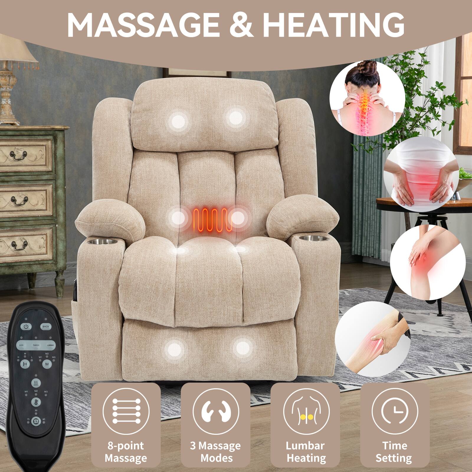 MASSAGE & HEATING

8-point Massage  
3 Massage Modes  
Lumbar Heating  
Time Setting