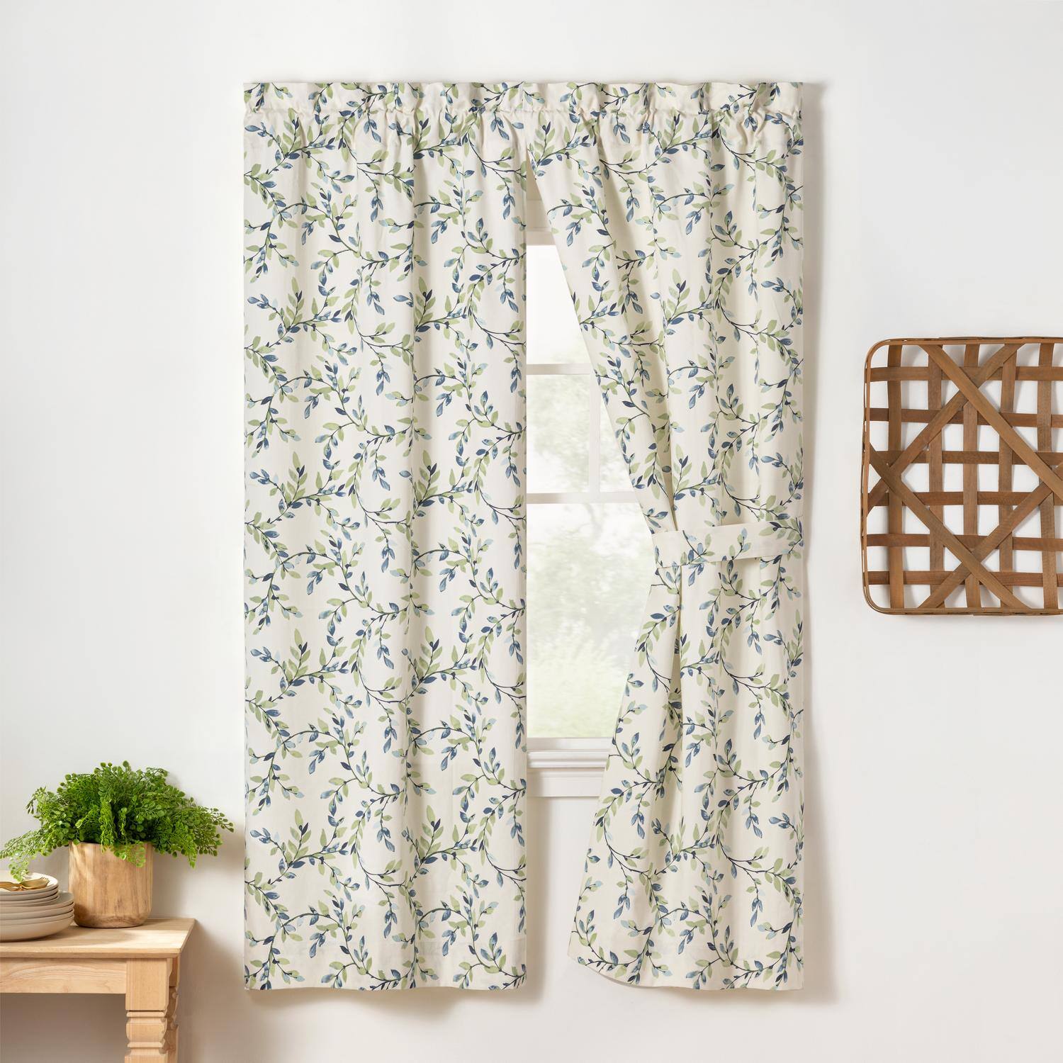 Angle. Ellis Curtain - Ellis Vintage Stylish  Scale Printed Vine Pattern 1.5" Rod Pocket Tailored Pair for Windows with Ties 56"x84" Azure - Azure.