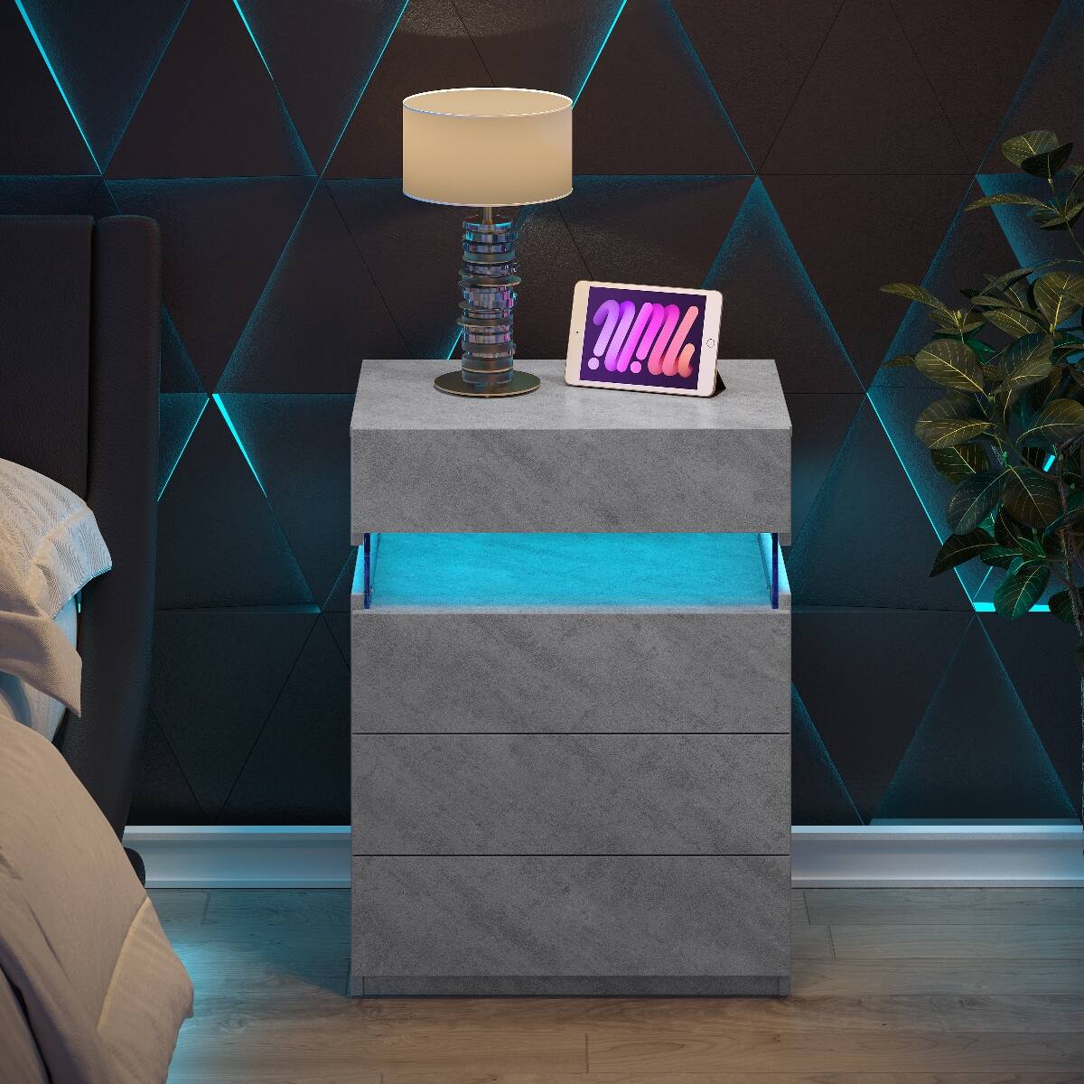 Alt View 4. Loheer - Loheer Grey LED Nightstand, Bedside Table with 4 Drawers, Modern Bedroom Cabinet - Grey.