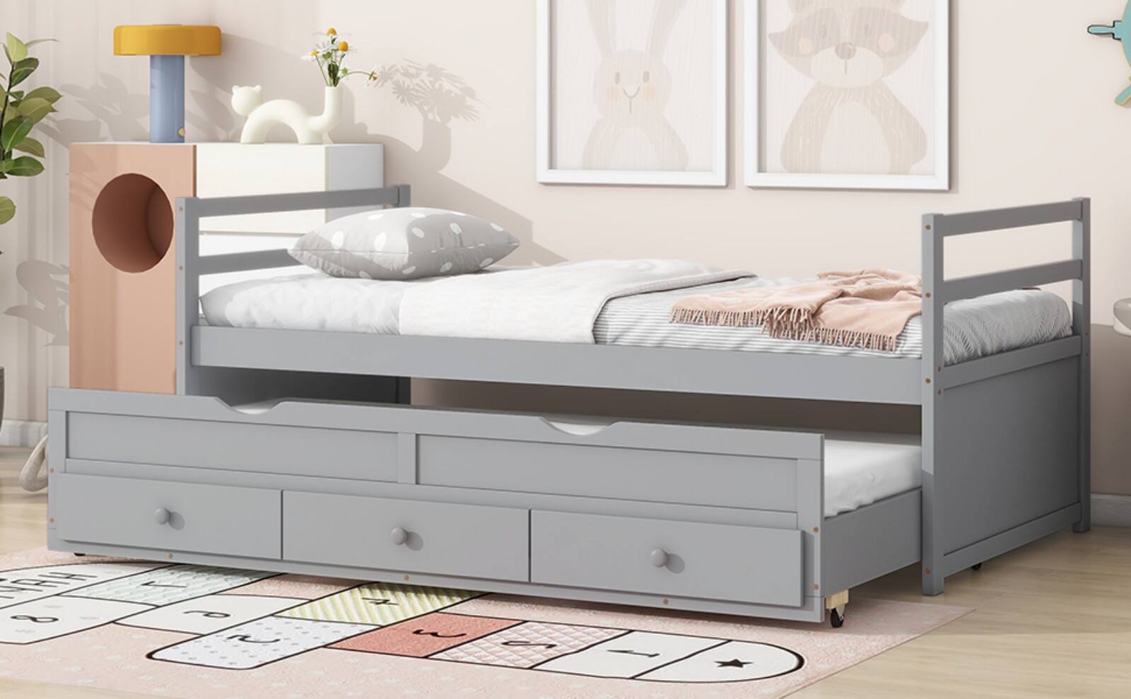 Alt View 8. Ecooso - Twin Size Bed with Headboard, Footboard, Trundle and Three Storage Drawers, Twin Size Pine Wood Bed with Headboard - Grey.