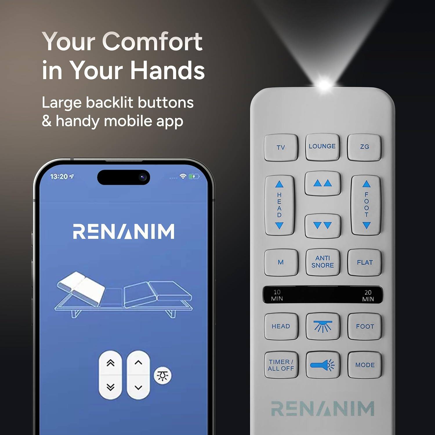 Your Comfort in Your Hands  
Large backlit buttons & handy mobile app  

TV LOUNGE ZG  
HEAD FOOT M ANTI SNORE FLAT  
10 MIN 20 MIN HEAD FOOT TIMER I ALL OFF MODE  

RENANIM