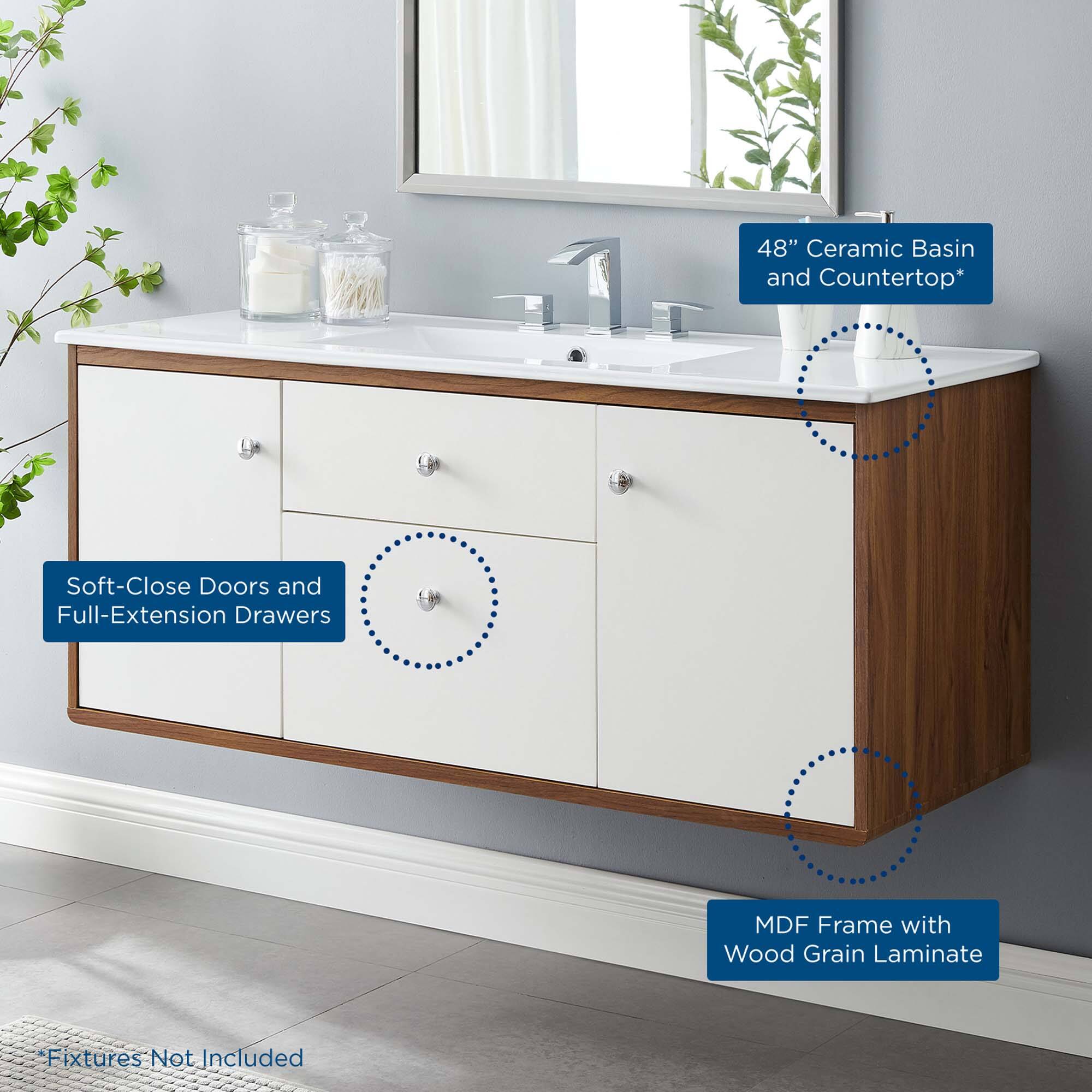 48" Ceramic Basin and Countertop*  
Soft-Close Doors and Full-Extension Drawers  
MDF Frame with Wood Grain Laminate  
*Fixtures Not Included